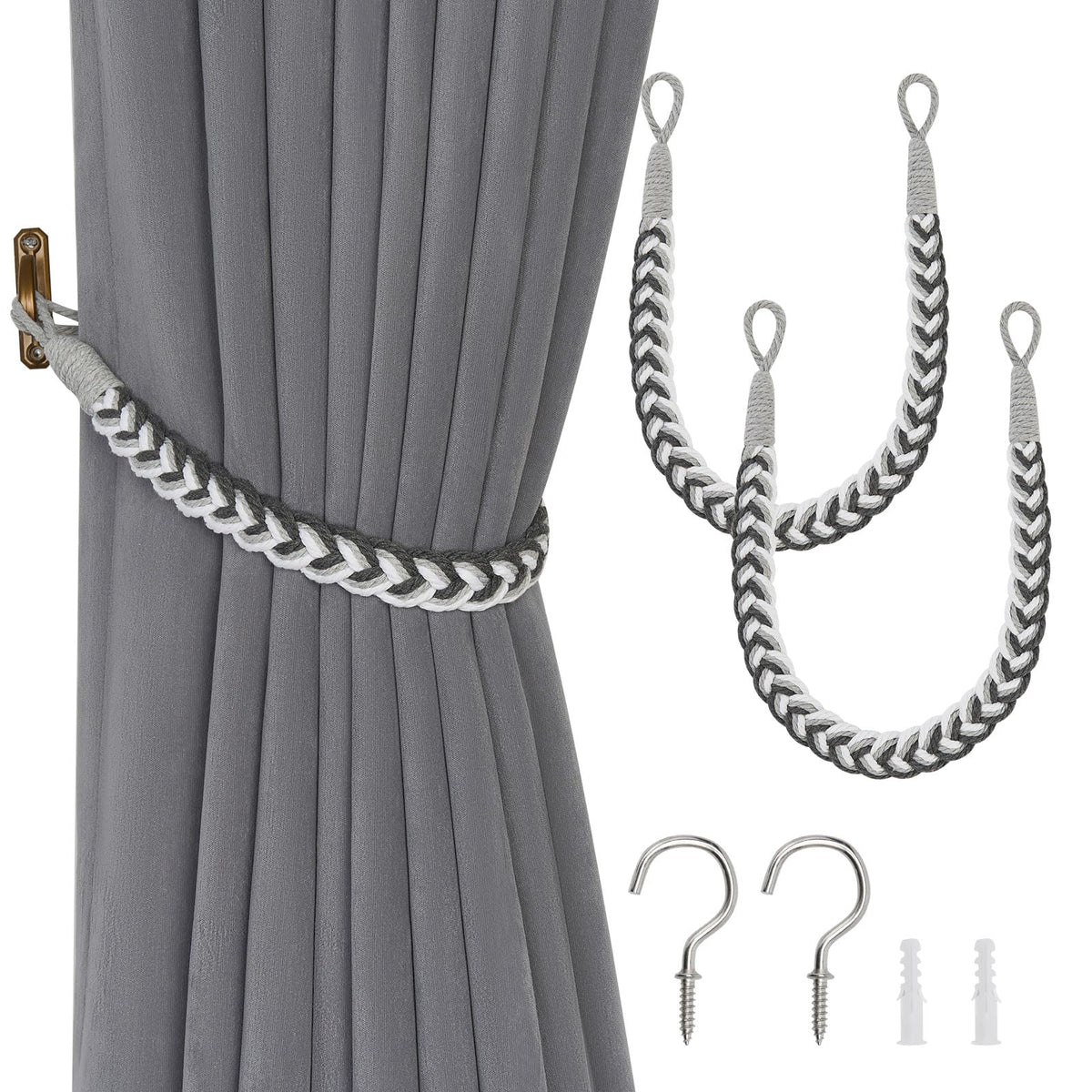 NICEEC 2 Pack Natural Cotton Rope Curtain Tiebacks Elegant Boho Style Decorative Drape Tie Backs Soft Hand-Woven Rope Curtain Holdbacks with Metal Hook for Home & Office Drapery (Coffee)