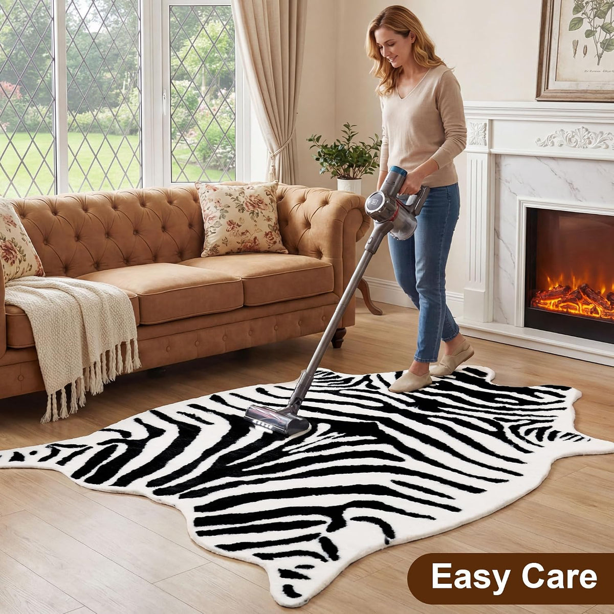 JONIYEAR Large Durable Faux Zebrahide Area Rug 4.9 x 6.56 Feet, Premium Zebra Print Rug for Living Room Bedroom, Durable Faux Fur Animal Zebra Hide Carpet for Western Farmhouse Decor, Black and White