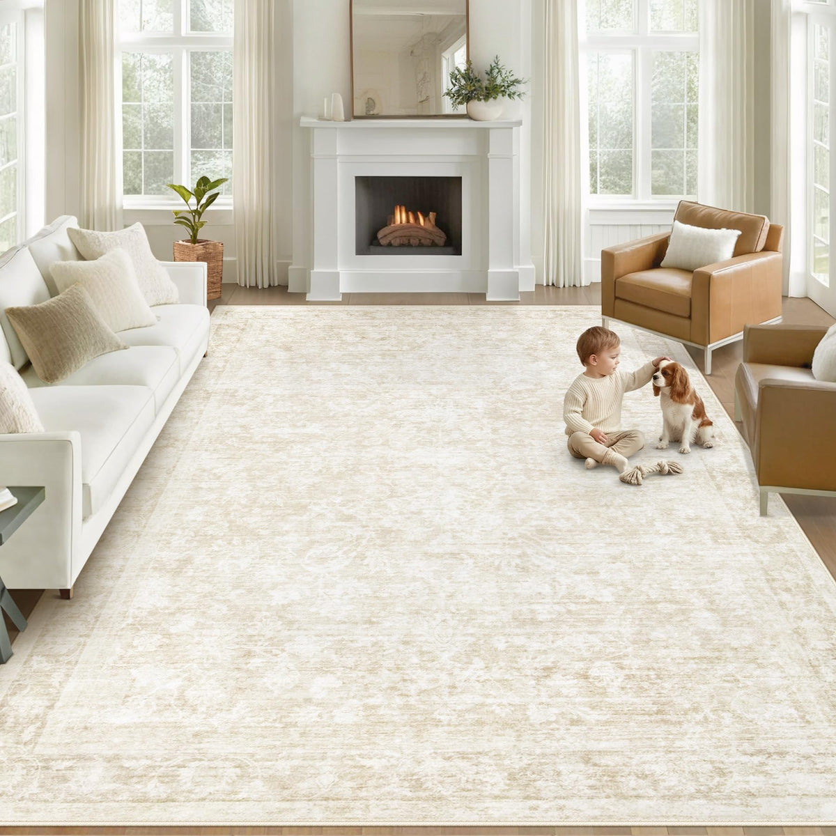Bedroom Rug Washable Large Area Rugs Foldable Low Pile Print Non Slip Boho Patterned Rugs for Bedroom Living Room Dining Home Office (Floral Beige, 5'x7')