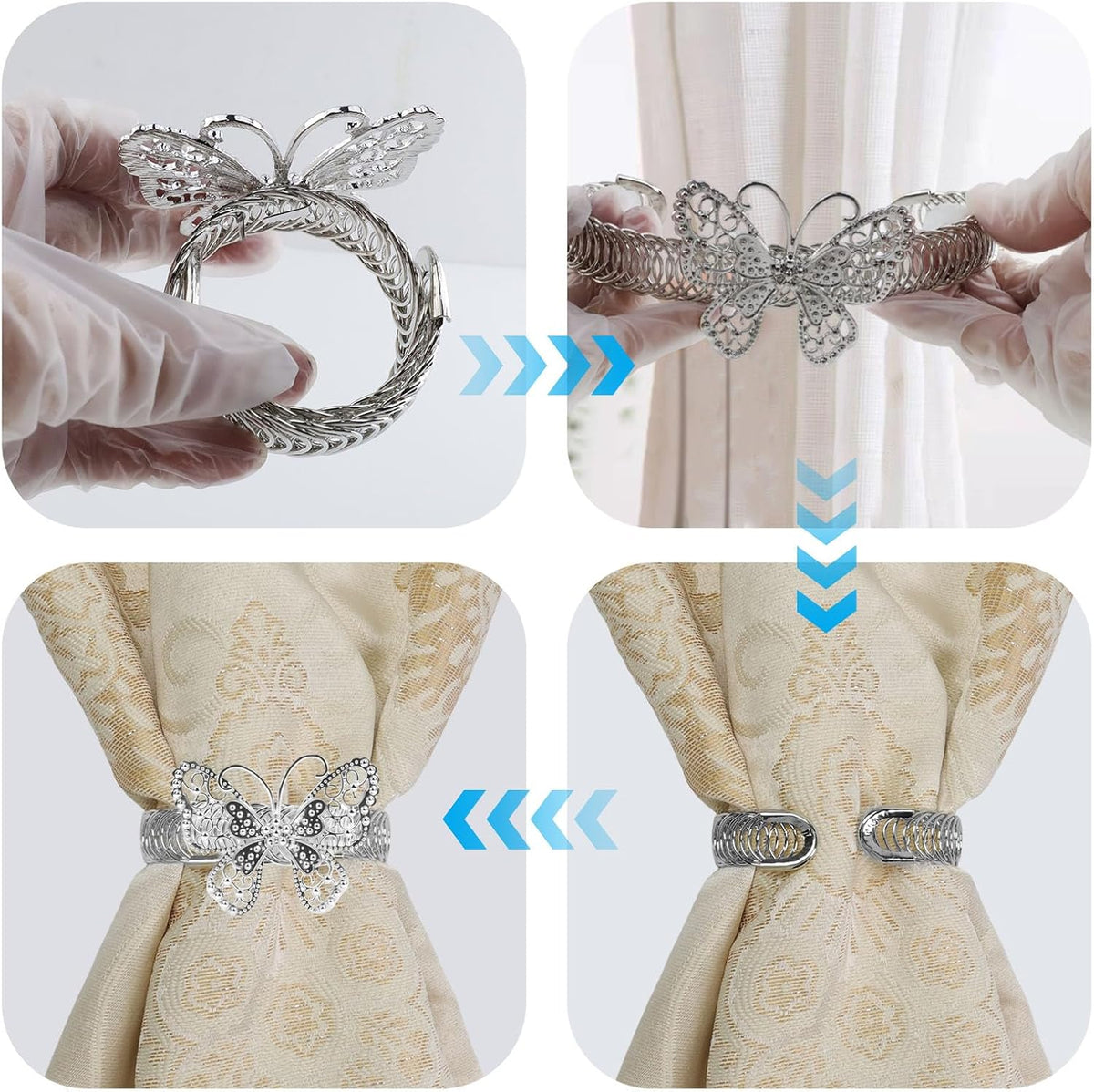 Silver Butterfly Curtain Tiebacks No-Drill, 2 Packs