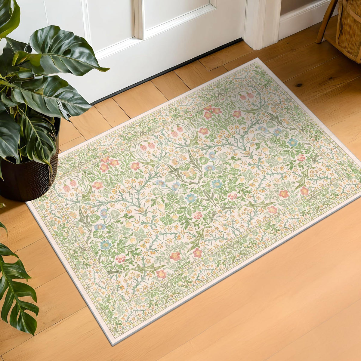 Floral Dark Green Washable Area Rugs 8x10, Vintage Living Room Rug