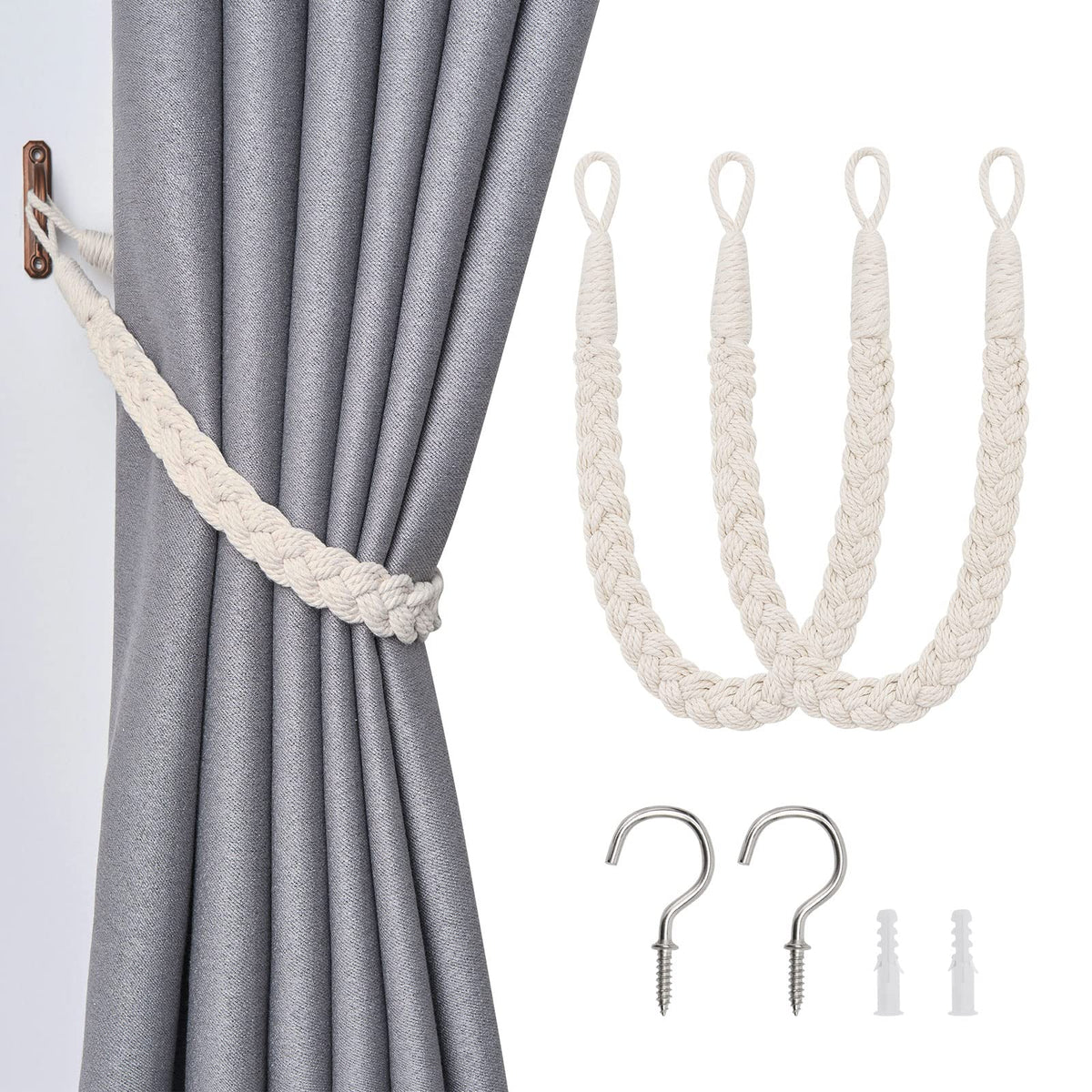 NICEEC 2 Pack Natural Cotton Rope Curtain Tiebacks Elegant Boho Style Decorative Drape Tie Backs Soft Hand-Woven Rope Curtain Holdbacks with Metal Hook for Home & Office Drapery (Coffee)