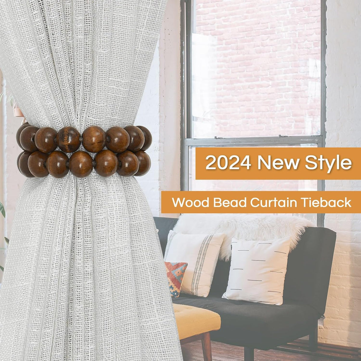 NICEEC 2 Pack Wood Bead Curtain Tiebacks Boho Farmhouse Decor Drape Tie Backs Strong Magnetic Natural Wooden Beaded Curtain Holdbacks for Home & Office Outdoor Window Draperies (Coffee)