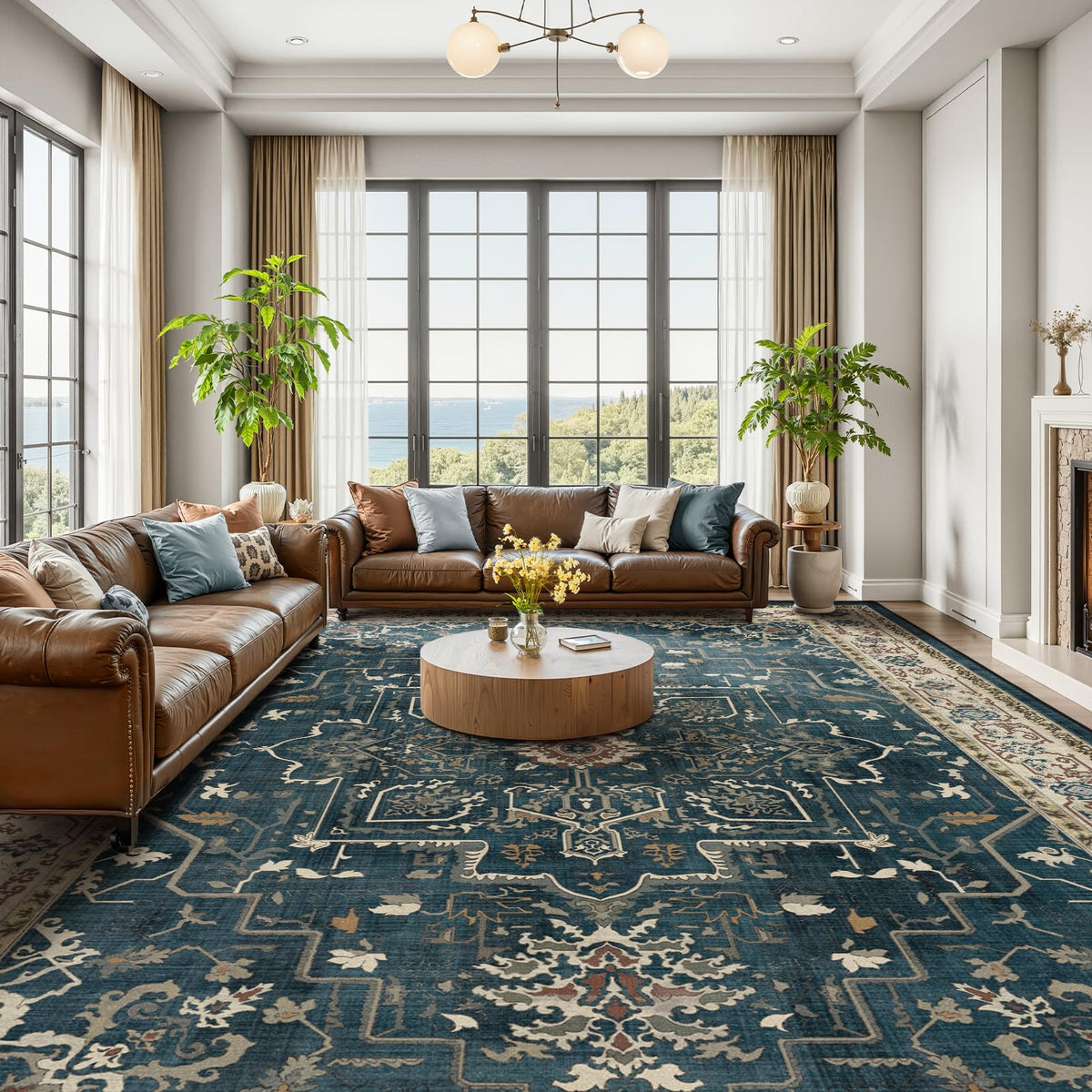 Vintage Distressed 5x7 Area Rugs for Living Room Bedroom Non Slip Washable, Medallion Pattern Printed Low Pile Thin Carpet Rugs for Dining Room/Kitchen/Home Office, Multi Brown Olive Accents