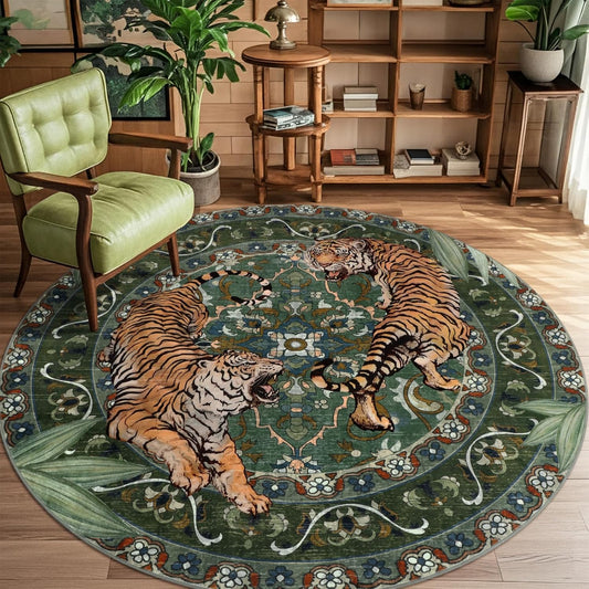 Tiger Round Area Rugs for Living Room 6ft, Boho Green Animal Print Bedroom Circle Rugs Non Slip, Washable Botanical Jungle Floor Carpet for Dining Room Entryway Nursery Playroom Office Spring