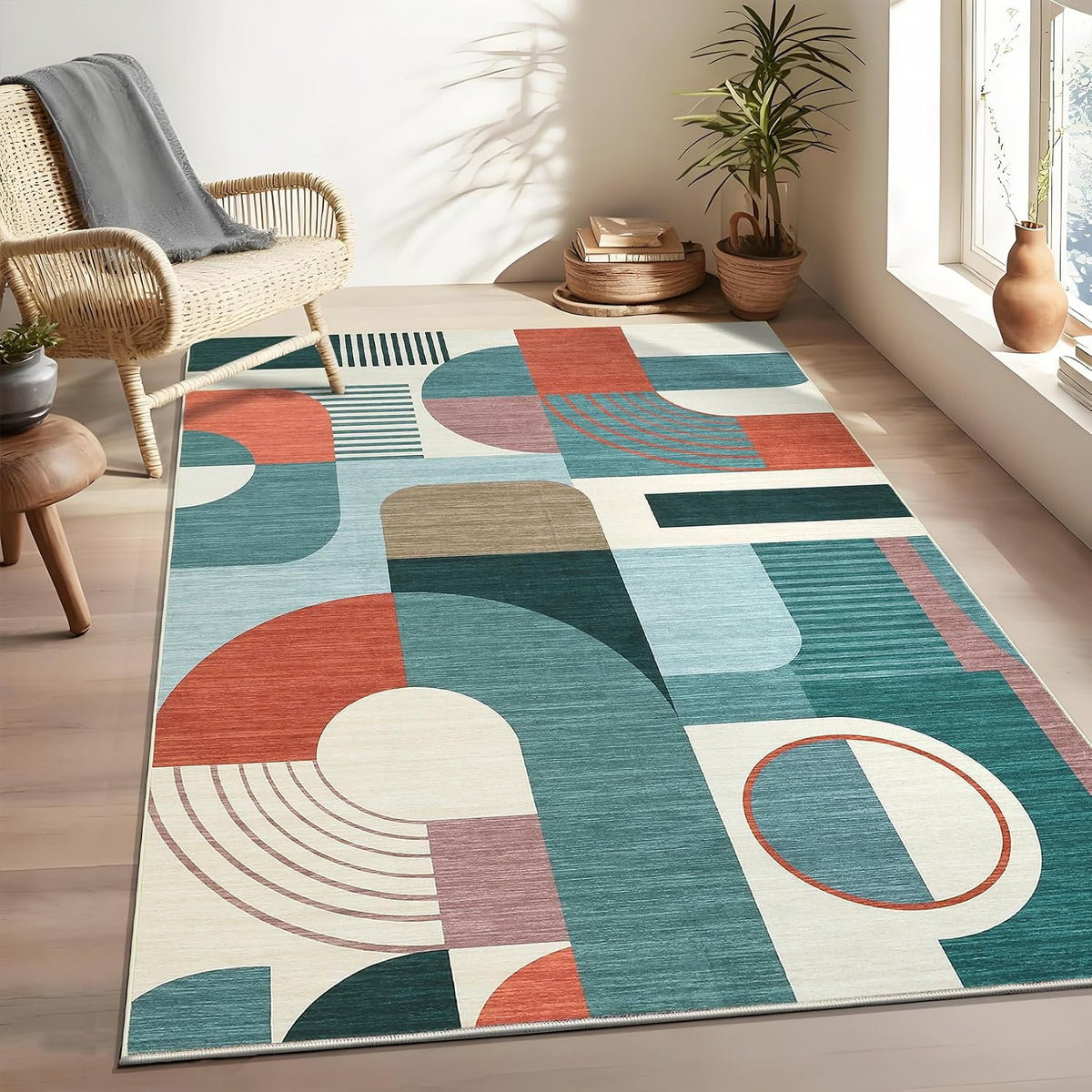 3x5 Washable Rug for Bedroom, Boho Geometric Small Area Rugs for Living Room Entryway Soft Low Pile Non-Slip Indoor Rug for Playroom Dorm, Blue Multi, 3'x5'