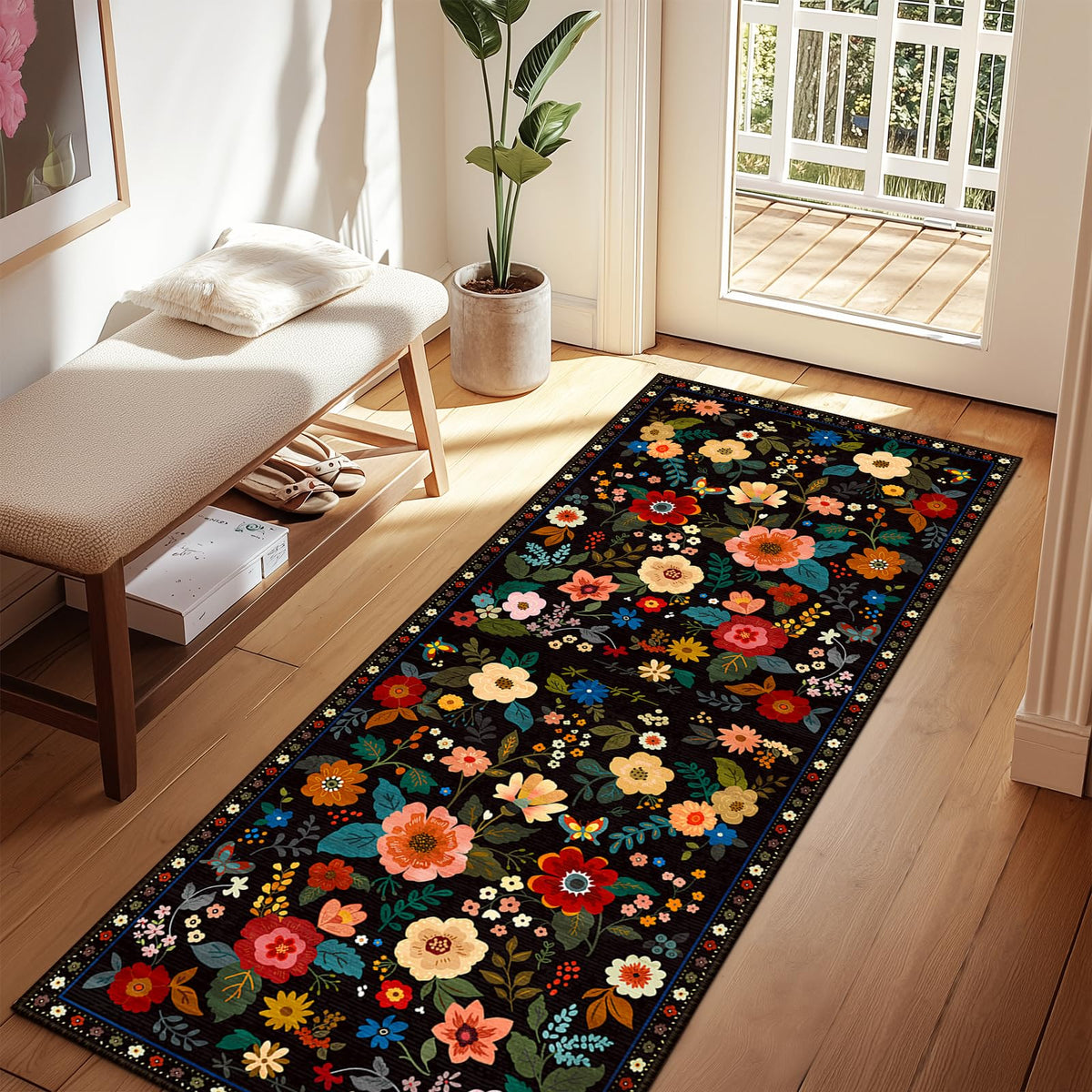 RELEANY Floral Washable 5x7 Area Rugs Black