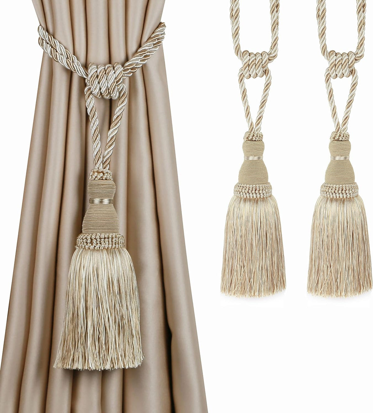 BEL AVENIR 2 Pack Curtain Tiebacks Tassel Drapery Tie-Backs Rope Holdbacks