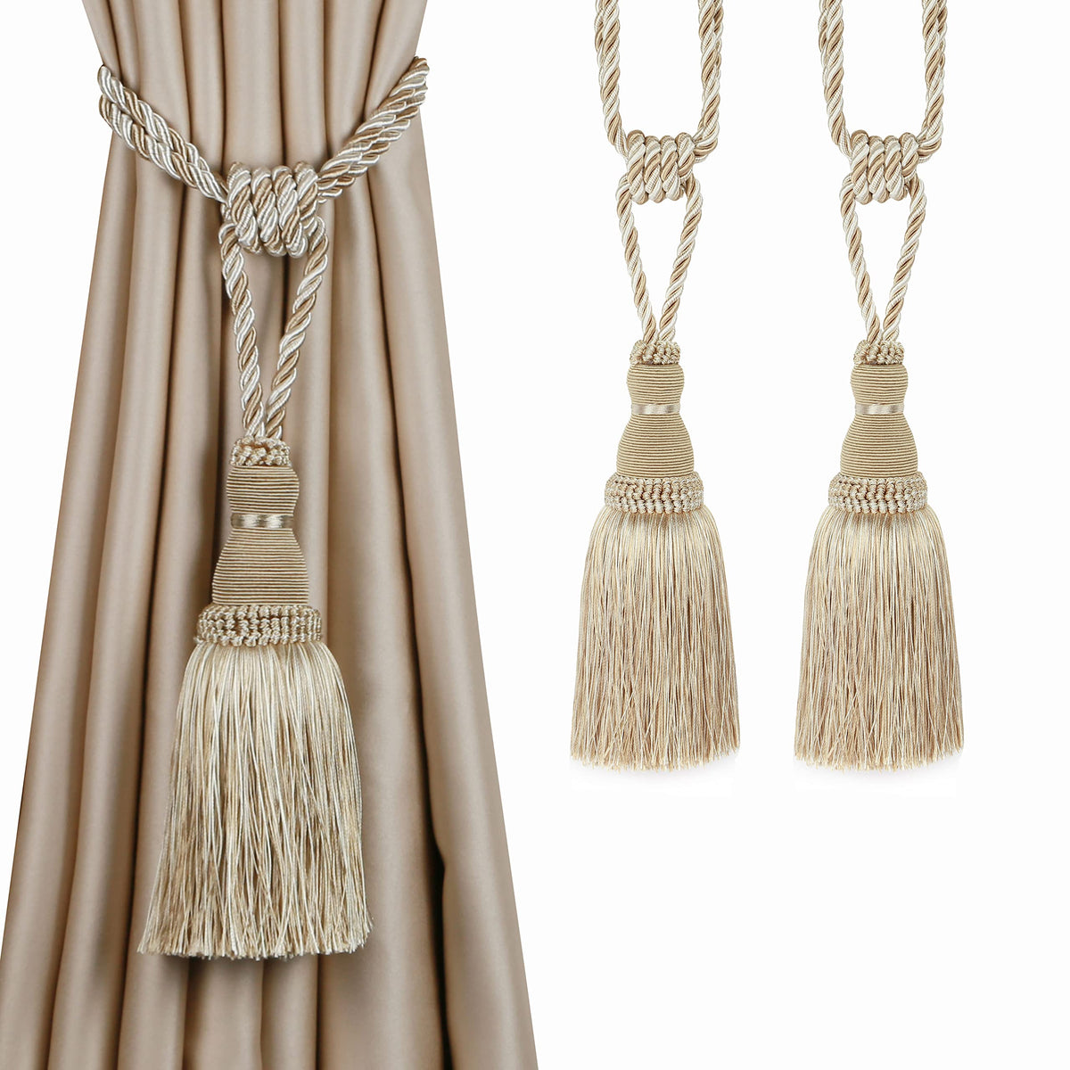BEL AVENIR 2 Pack Curtain Tiebacks Tassel Drapery Tie-Backs Rope Holdbacks