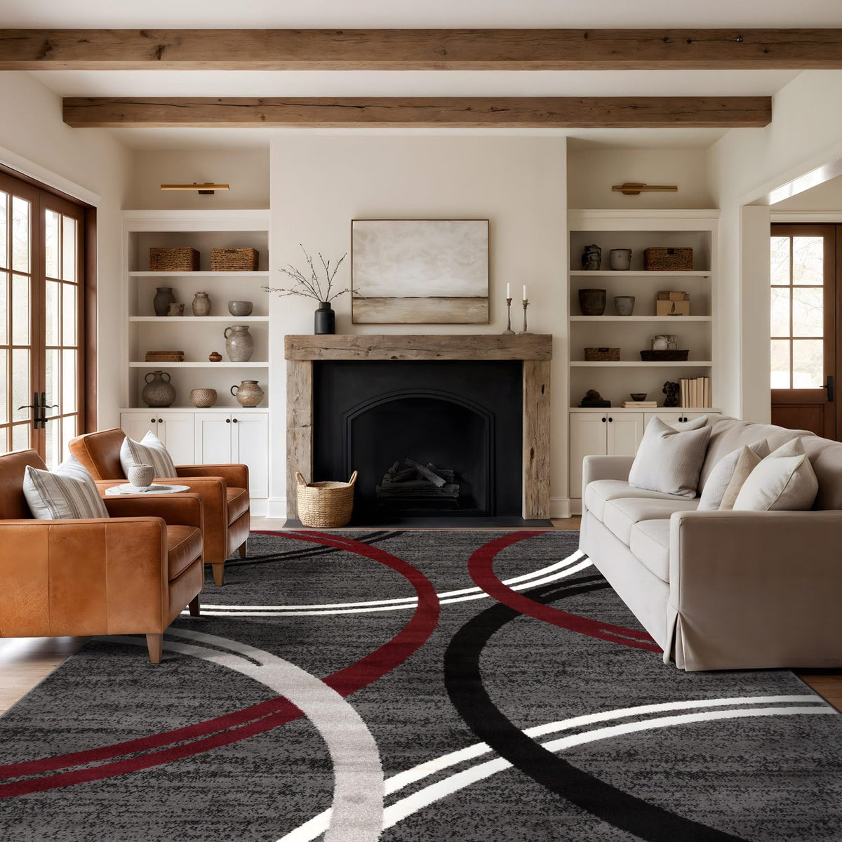 Rugshop Wavy Circles Fade-Resistant Living Room Area Rug Gray 5'3" x 7'3"