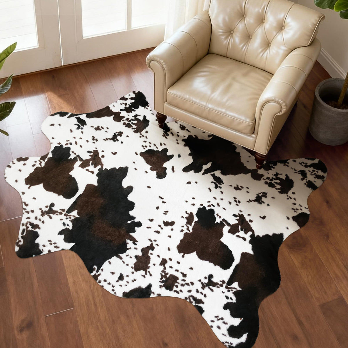 Faux Cowhide Cow Print Rug, Animal Hide Western Decor, 4.6 x 5.2 Feet