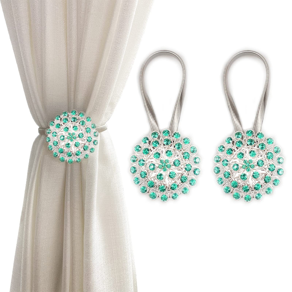 Magnetic Tiebacks for Curtains, 2 Pack Sparkling Crystal Flower Curtain Tiebacks Curtain Buckle Clips with High-Elastic Spring Wire for Home Office Decoration (White)