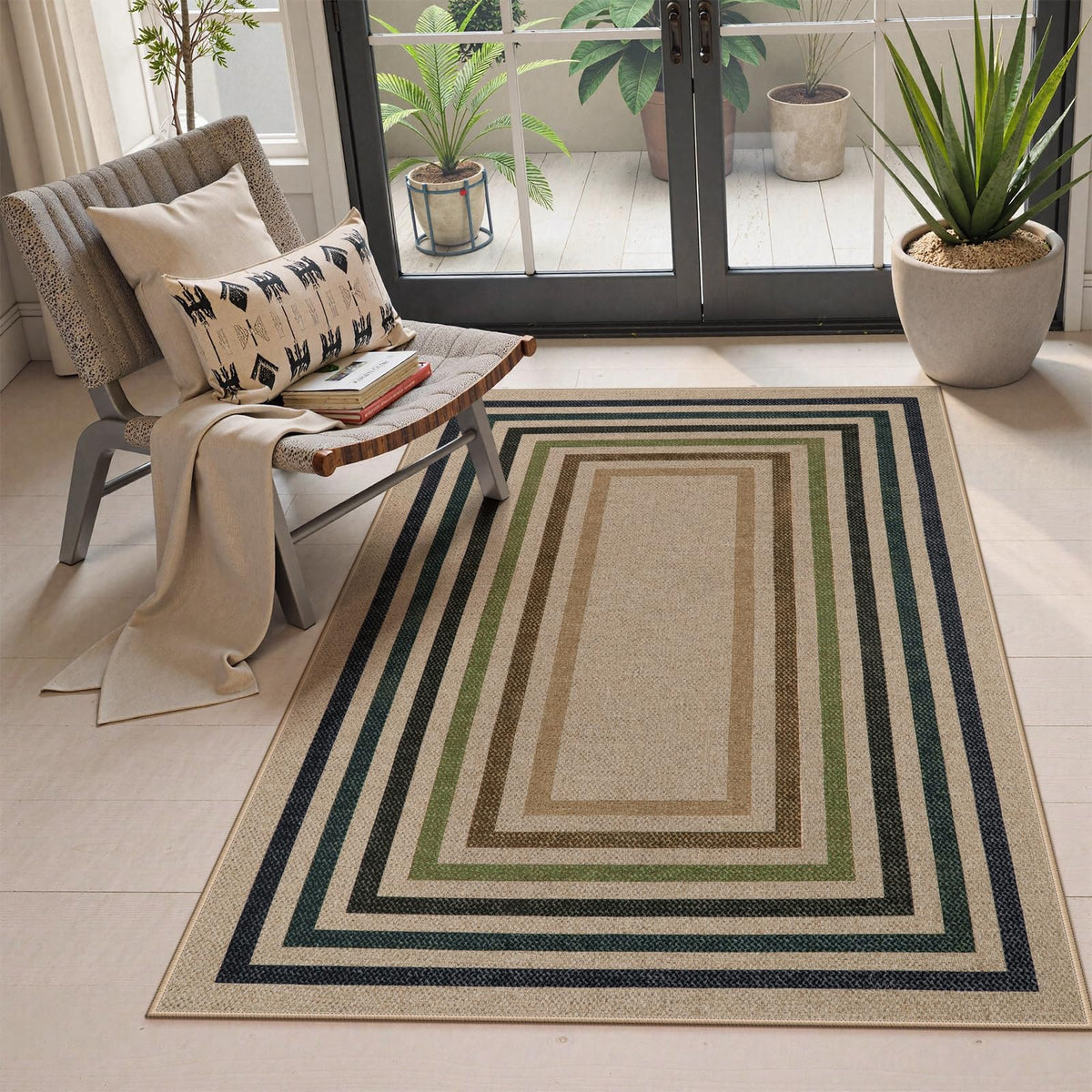 Lahome Modern Rainbow Easy Jute Carpet, Washable 5x7 Area Rugs for Living Room Patio Black Farmhouse Indoor Outdoor Rugs, Contemporary Natural Non Slip Floor Carpet for Office RV Backyard
