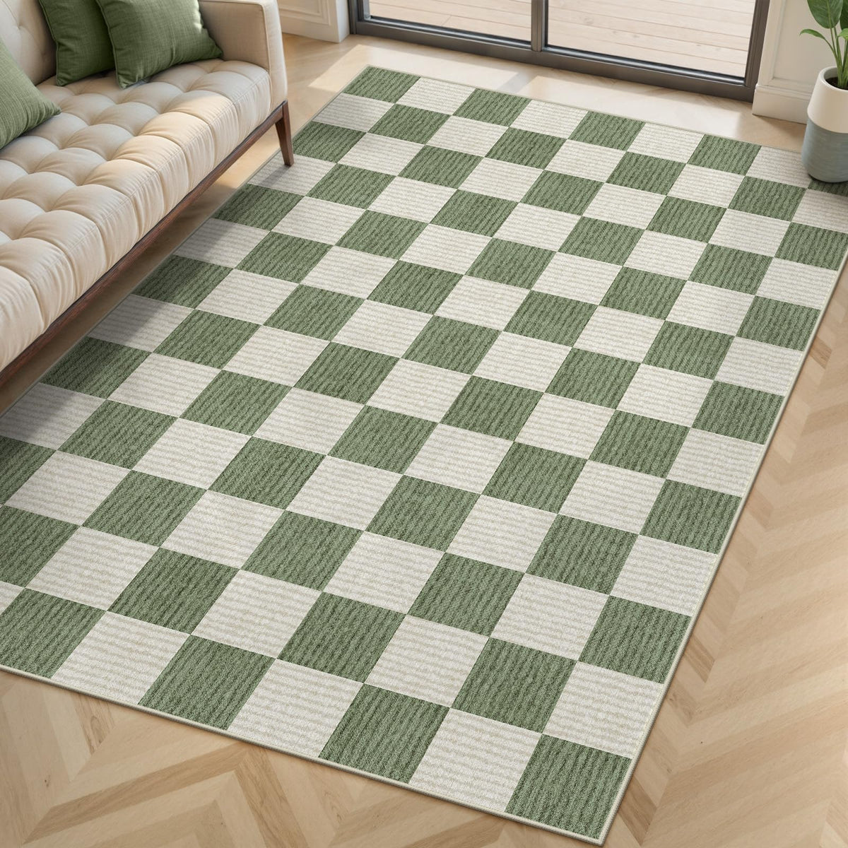 LIVEBOX 8x10 Area Rugs for Living Room, Checkered Non-Slip Washable Rugs, Farmhouse Neutral Classic Geometric Large Boys Area Rug for Bedroom, Carpet for Living Dining Room Office(Sage Green,8'x10')