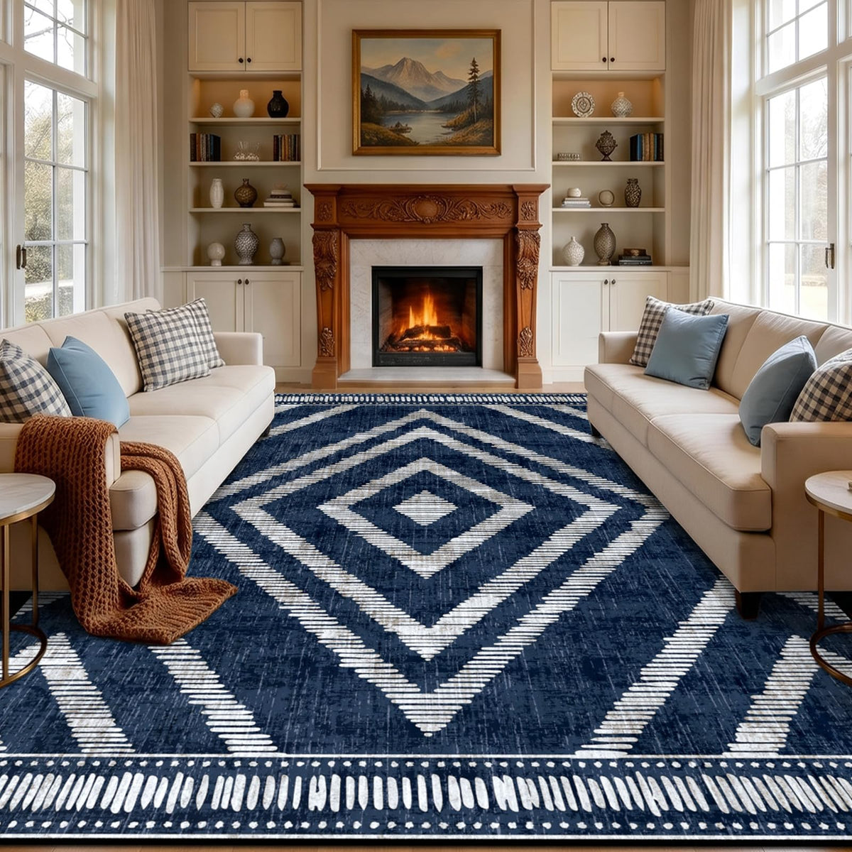 Boho Washable Rugs 5x7ft Non Slip, Low Pile Area Rug for Living Room, Brown Moroccan Bedroom Carpets, Non Shedding Soft Floor Carpet for Dining Room Bathroom Nursery Kitchen Office
