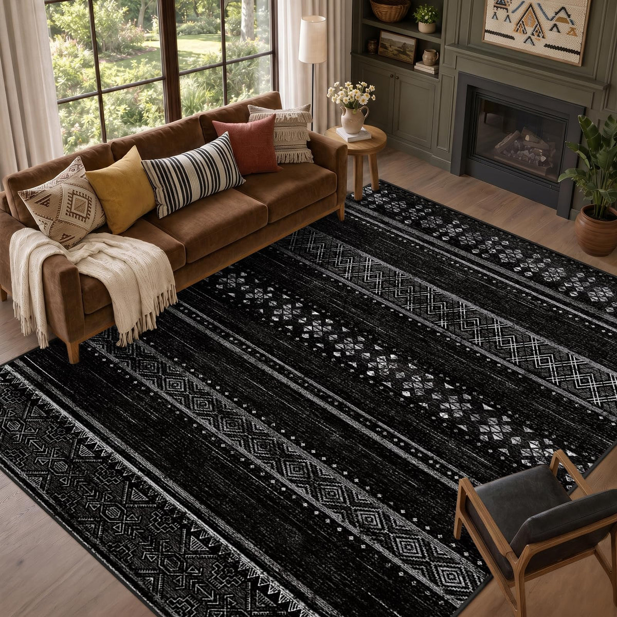 8x10 Washable Area Rugs for Living Room Boho Bedroom Rug Black/Brown