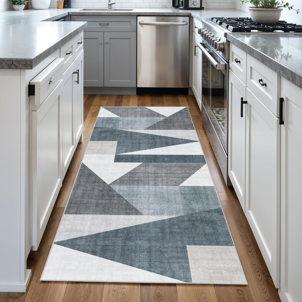 5x7 Washable Area Rug for Living Room - Non-Slip Geometric Rugs Blue Grey