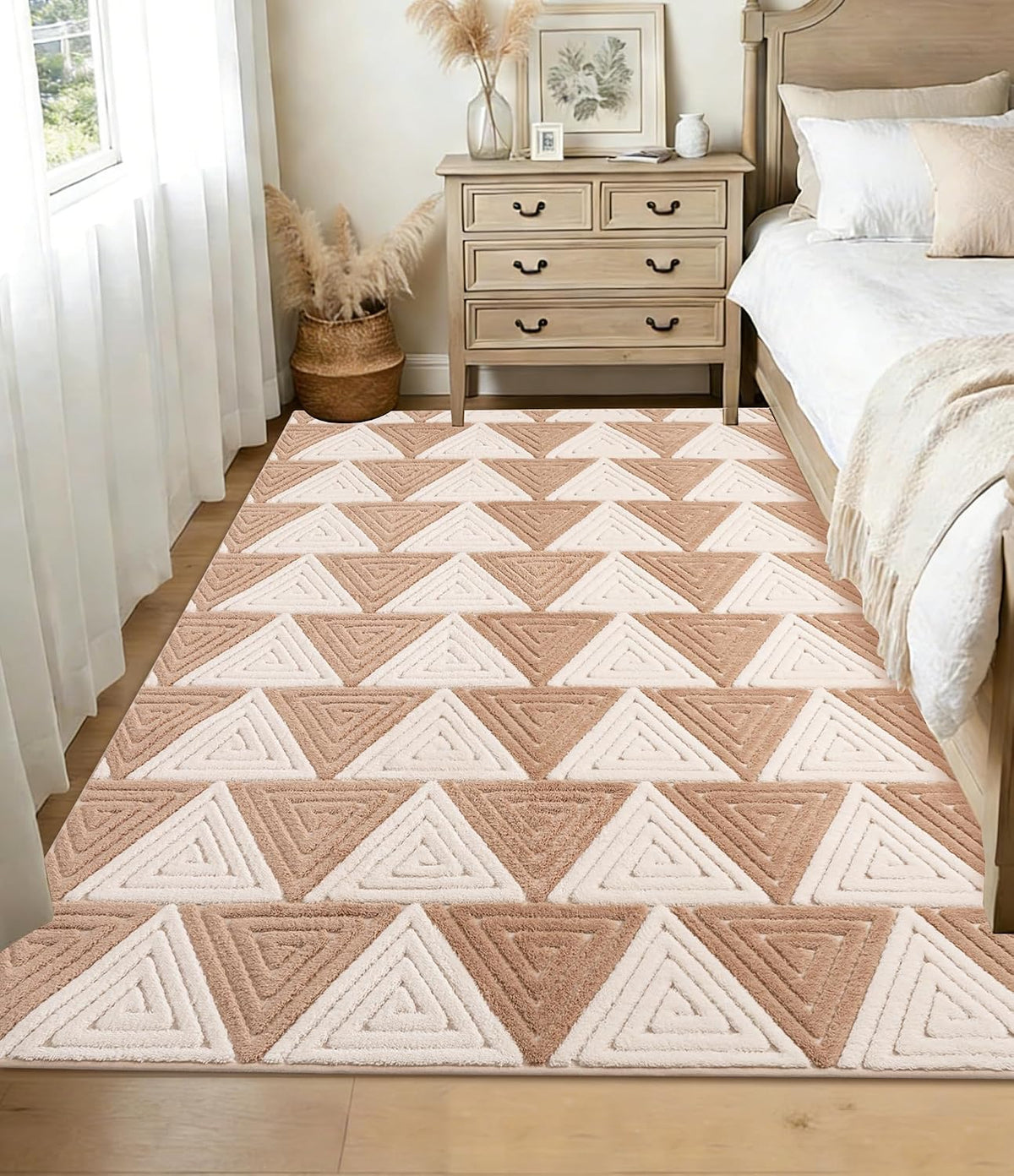 YIHOUSE Neutral Ultra Soft Area Rugs for Bedroom 5x7, Beige Geometric Rug with Triangular Patterns, Comfortable Plain Area Rug for Bedroom, Japandi Washable Rugs for Living Room