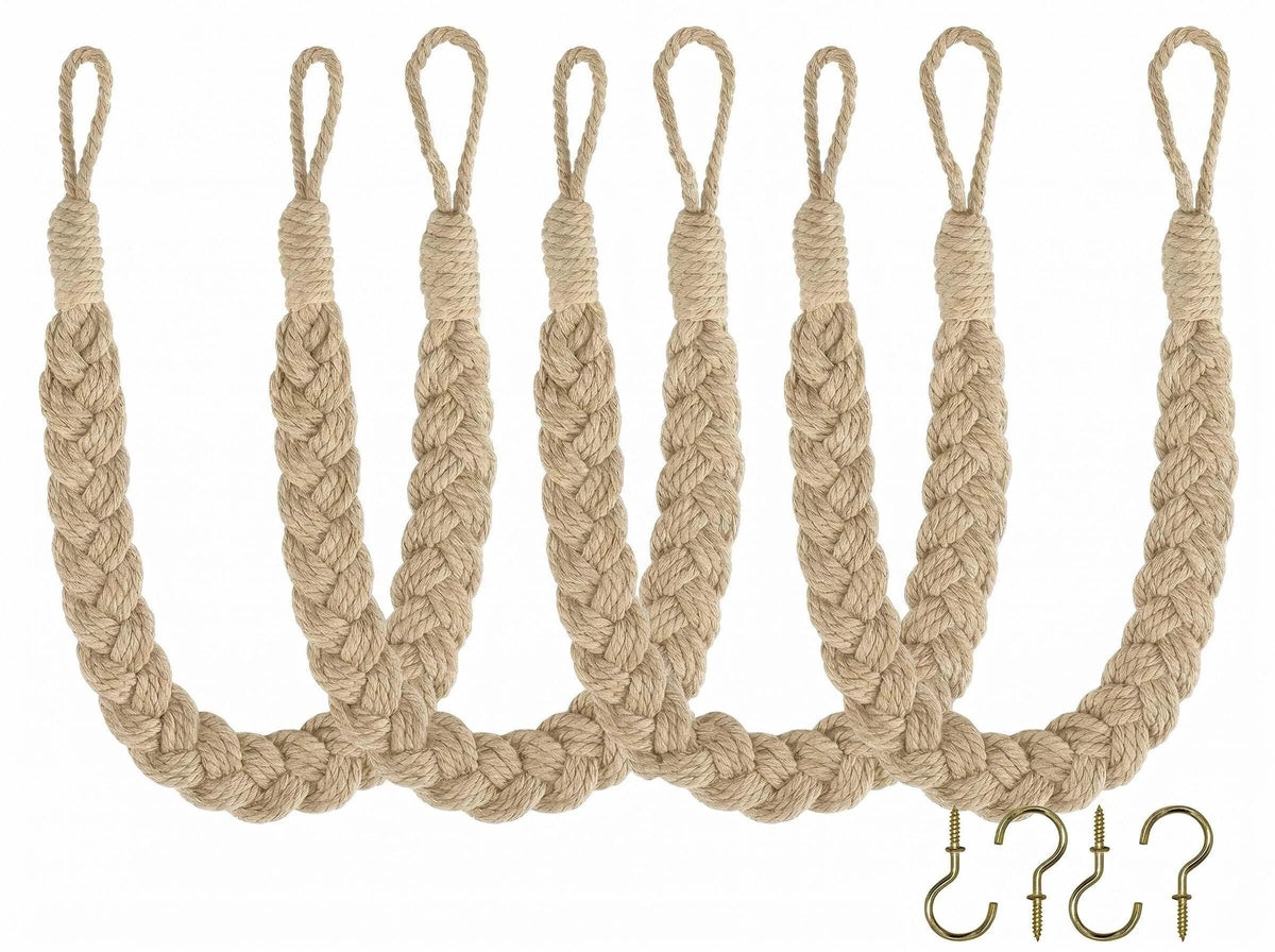 Home Queen Hand Braided Curtain Tieback, Buckle Holdback Drapery Curtain Tie Back, 2 Rope Cotton Belt Curtain Tie with 2 Metal Hooks, White