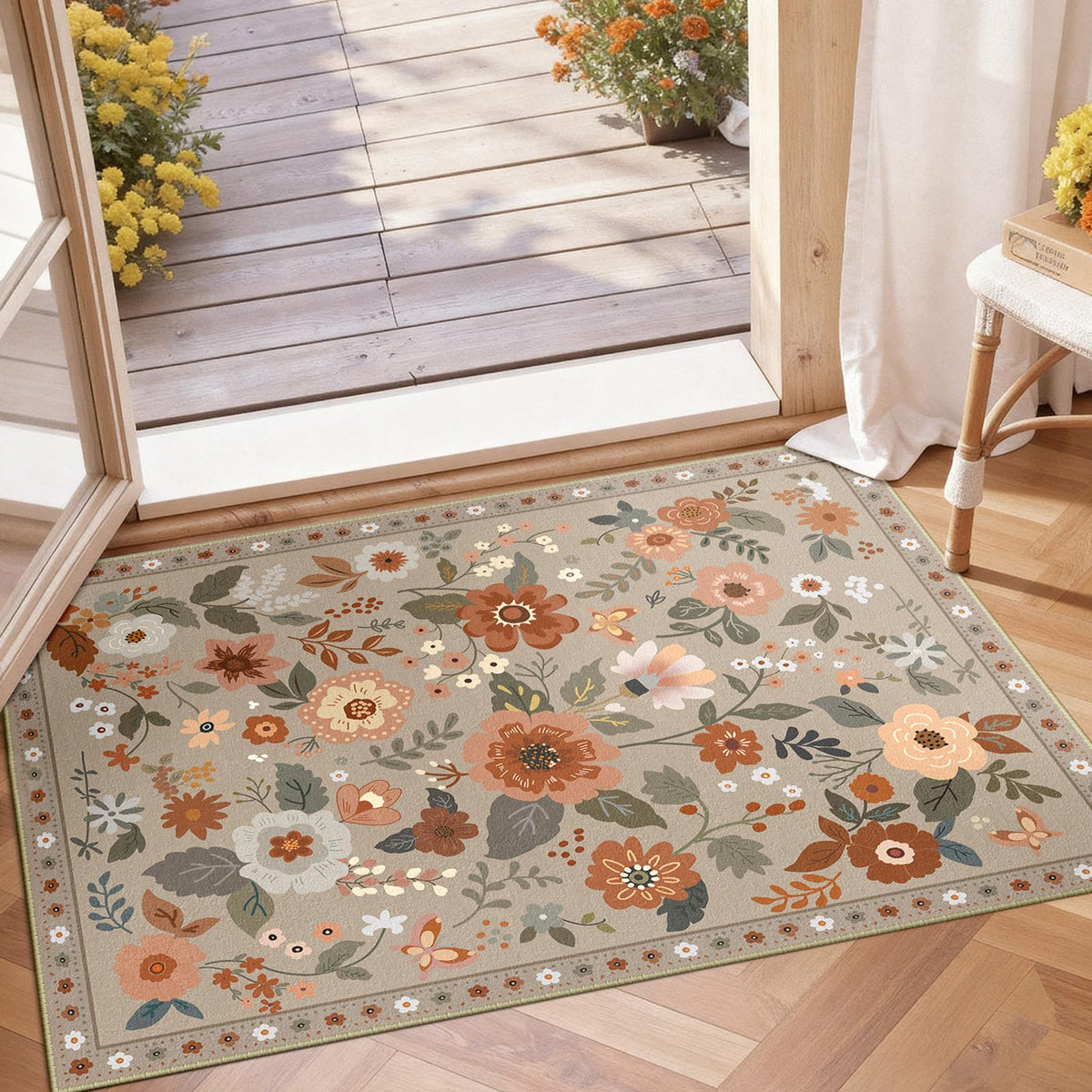 RELEANY Floral Washable 5x7 Area Rugs Black