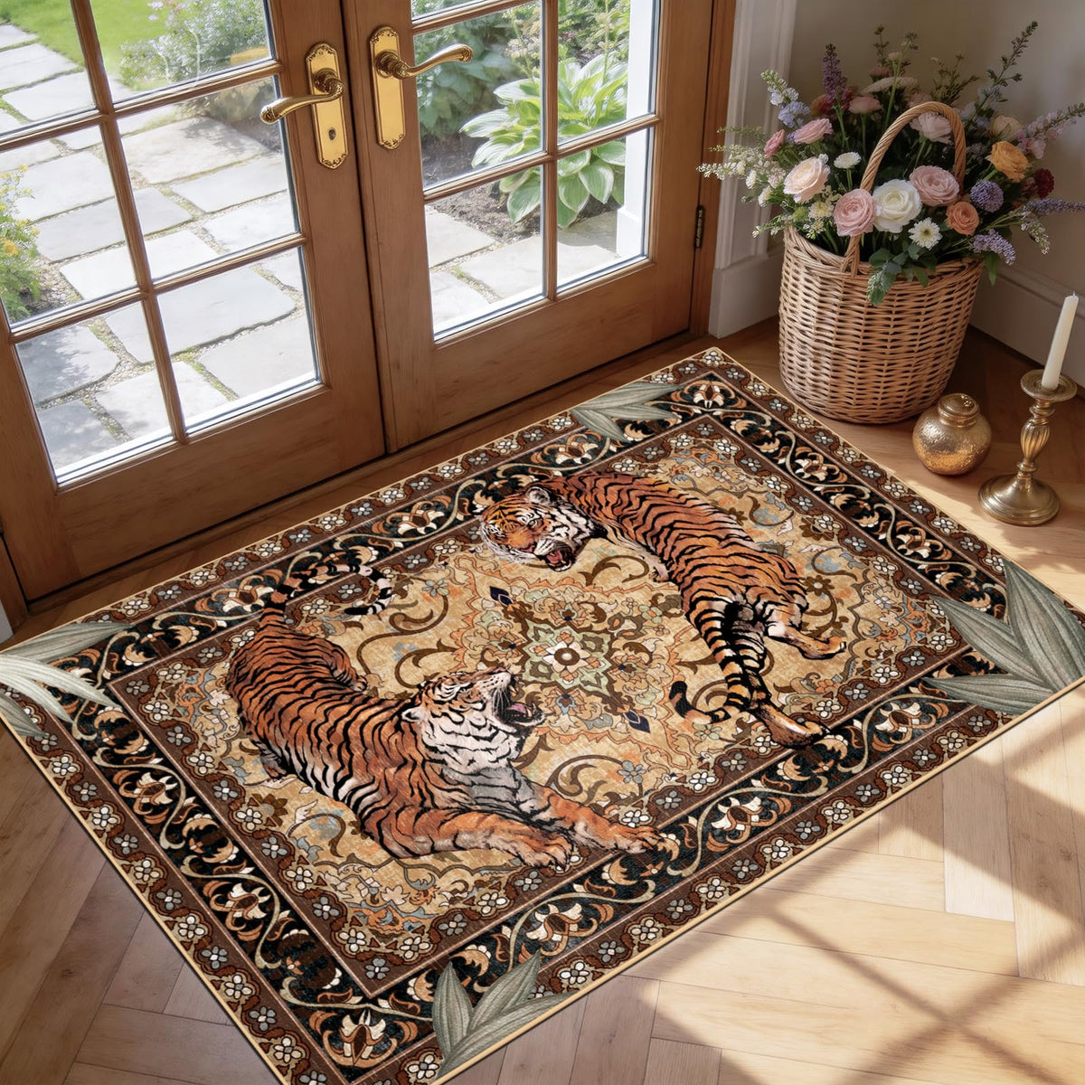 Tiger Round Area Rugs for Living Room 6ft, Boho Green Animal Print Bedroom Circle Rugs Non Slip, Washable Botanical Jungle Floor Carpet for Dining Room Entryway Nursery Playroom Office Spring