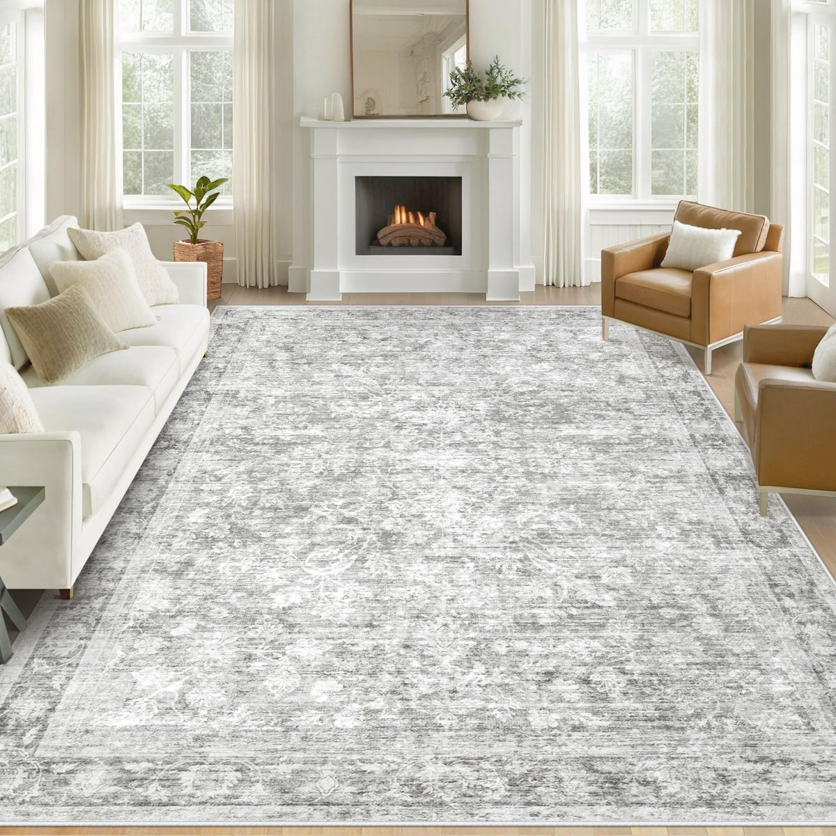 Bedroom Rug Washable Large Area Rugs Foldable Low Pile Print Non Slip Boho Patterned Rugs for Bedroom Living Room Dining Home Office (Floral Beige, 5'x7')