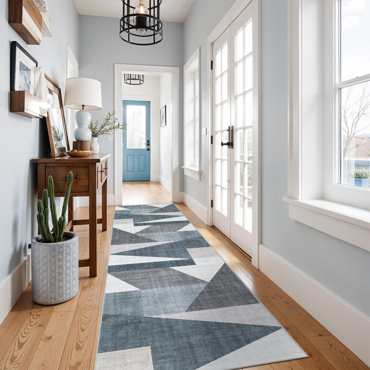 5x7 Washable Area Rug for Living Room - Non-Slip Geometric Rugs Blue Grey