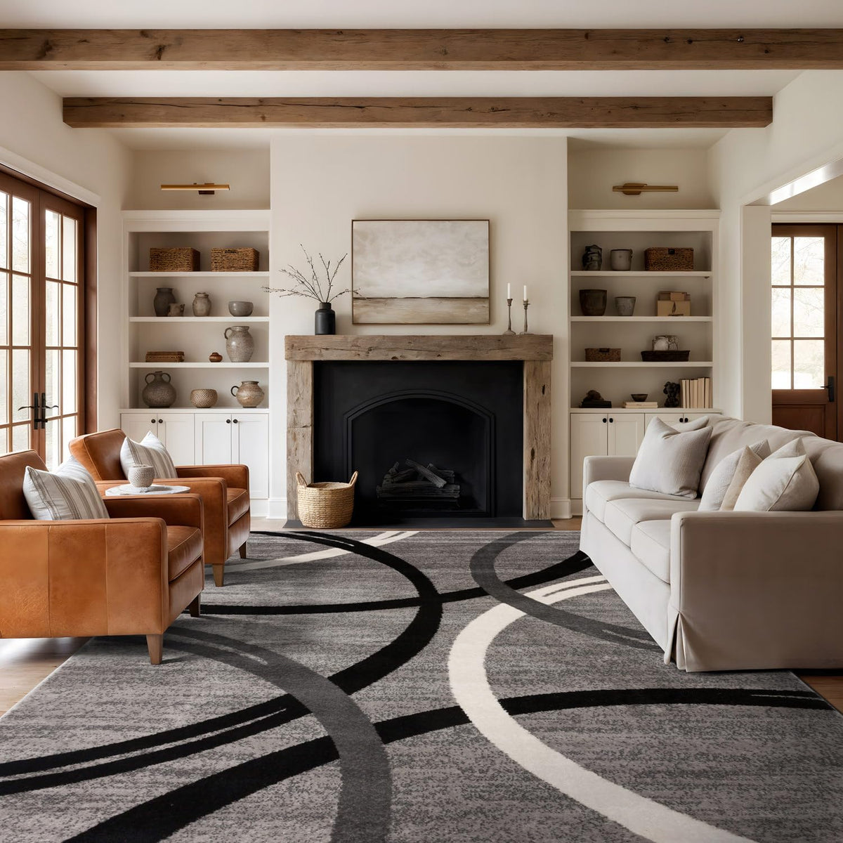 Rugshop Wavy Circles Fade-Resistant Living Room Area Rug Gray 5'3" x 7'3"