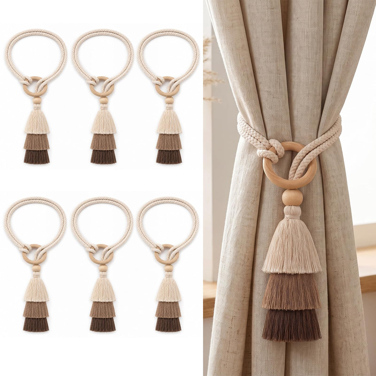 Cotton-Linen Curtain Tiebacks with Tassels (Ivory 4 Pack)