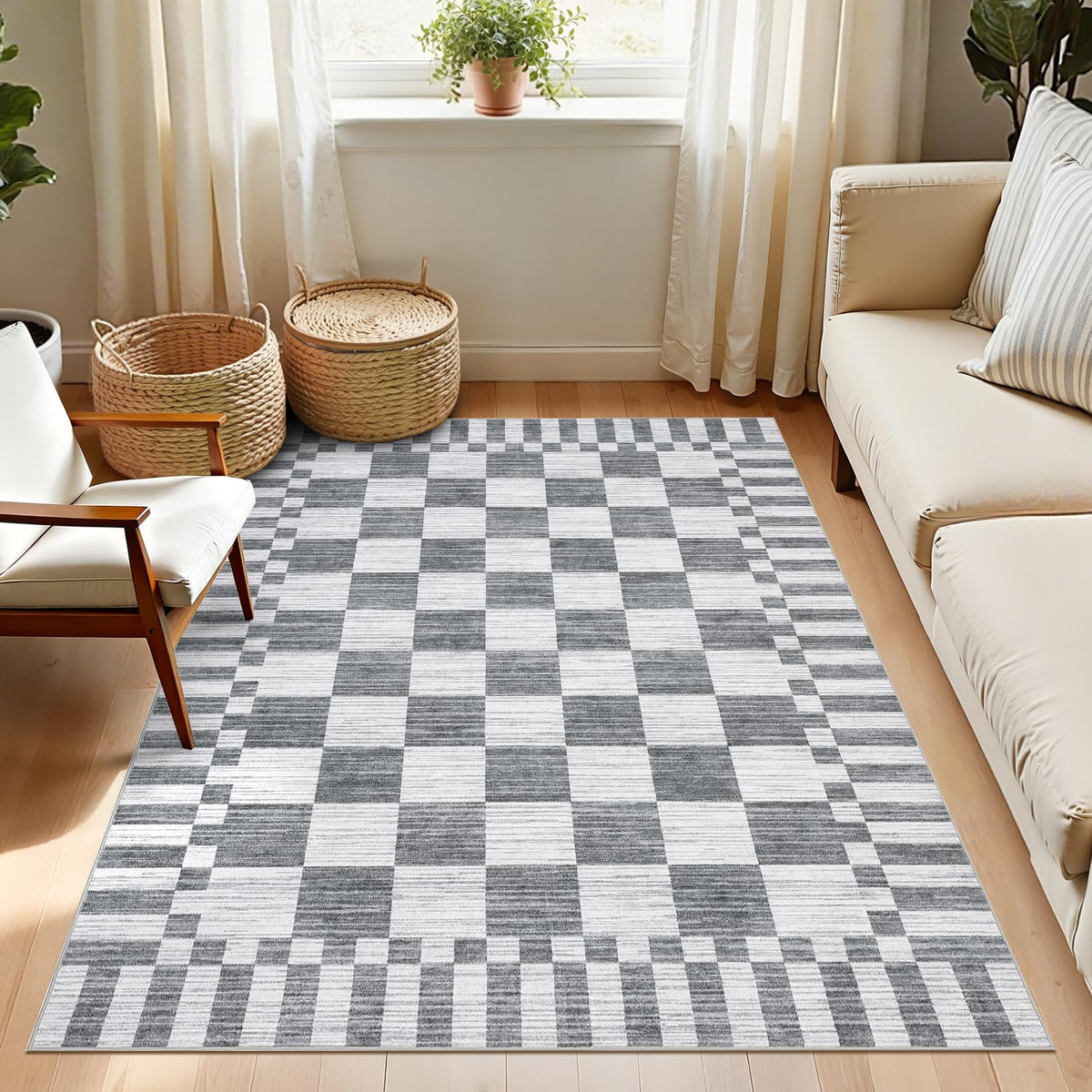 GarveeHome Brown Checkered Rug 5x7 Area Rugs Washable Living Room 5x7 Rug