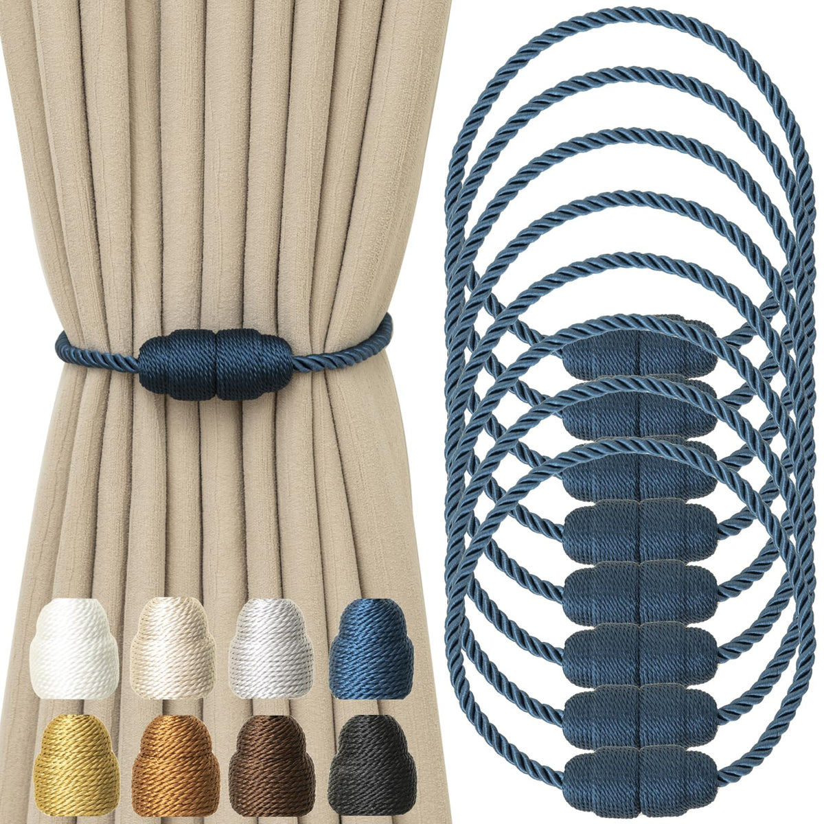 Magnetic Curtain Tiebacks Rope Curtain Tie Backs for Curtains 6 Pack Curtain Holders for Drapes Decorative Window Curtain Holdbacks, Gold