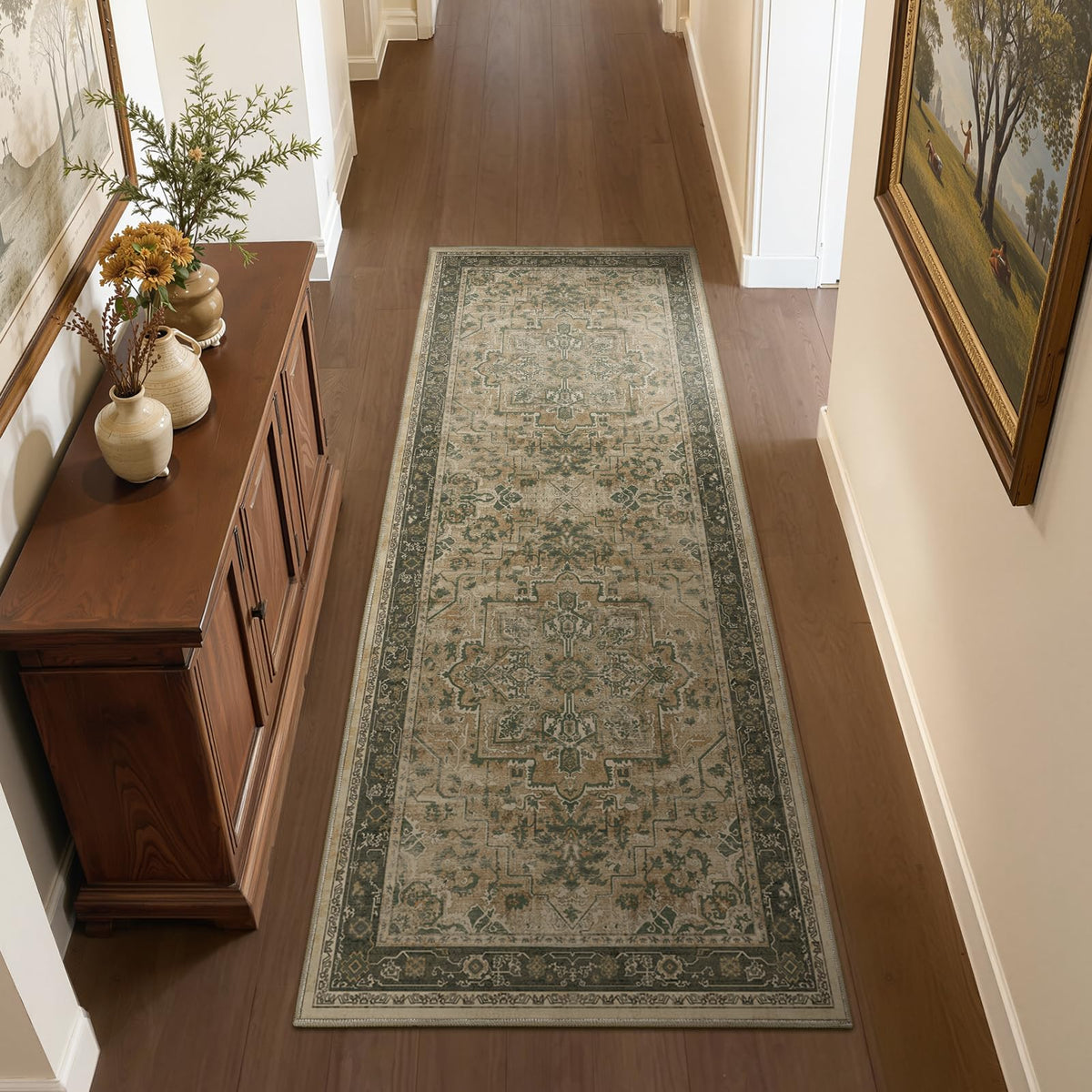 Vintage Distressed 5x7 Area Rugs for Living Room Bedroom Non Slip Washable, Medallion Pattern Printed Low Pile Thin Carpet Rugs for Dining Room/Kitchen/Home Office, Multi Brown Olive Accents
