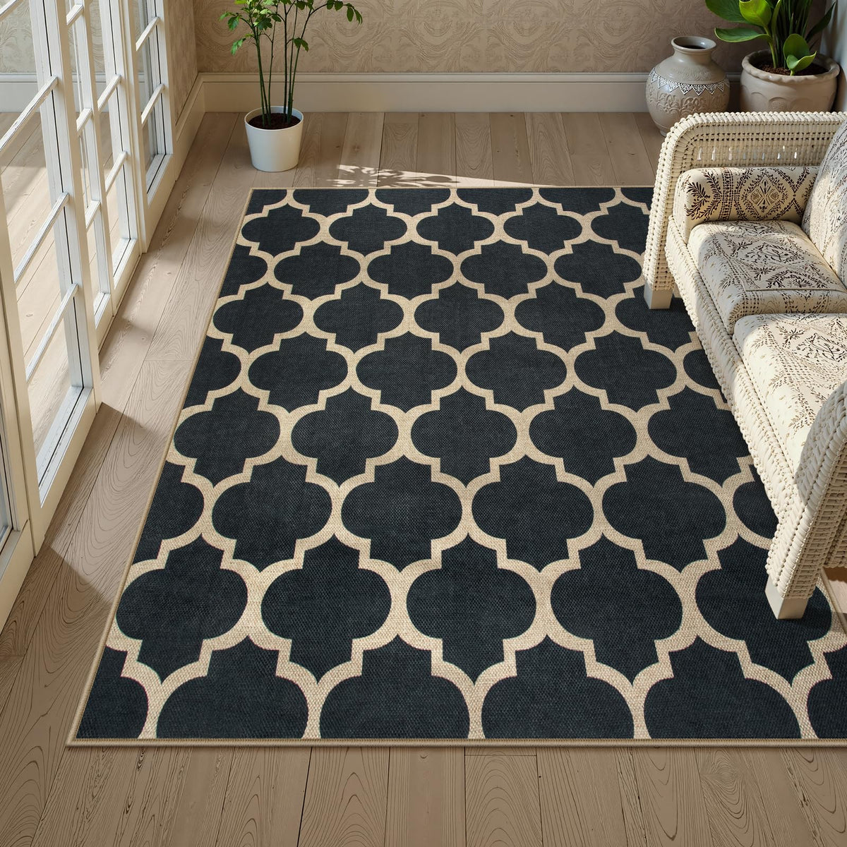 Lahome Modern Rainbow Easy Jute Carpet, Washable 5x7 Area Rugs for Living Room Patio Black Farmhouse Indoor Outdoor Rugs, Contemporary Natural Non Slip Floor Carpet for Office RV Backyard