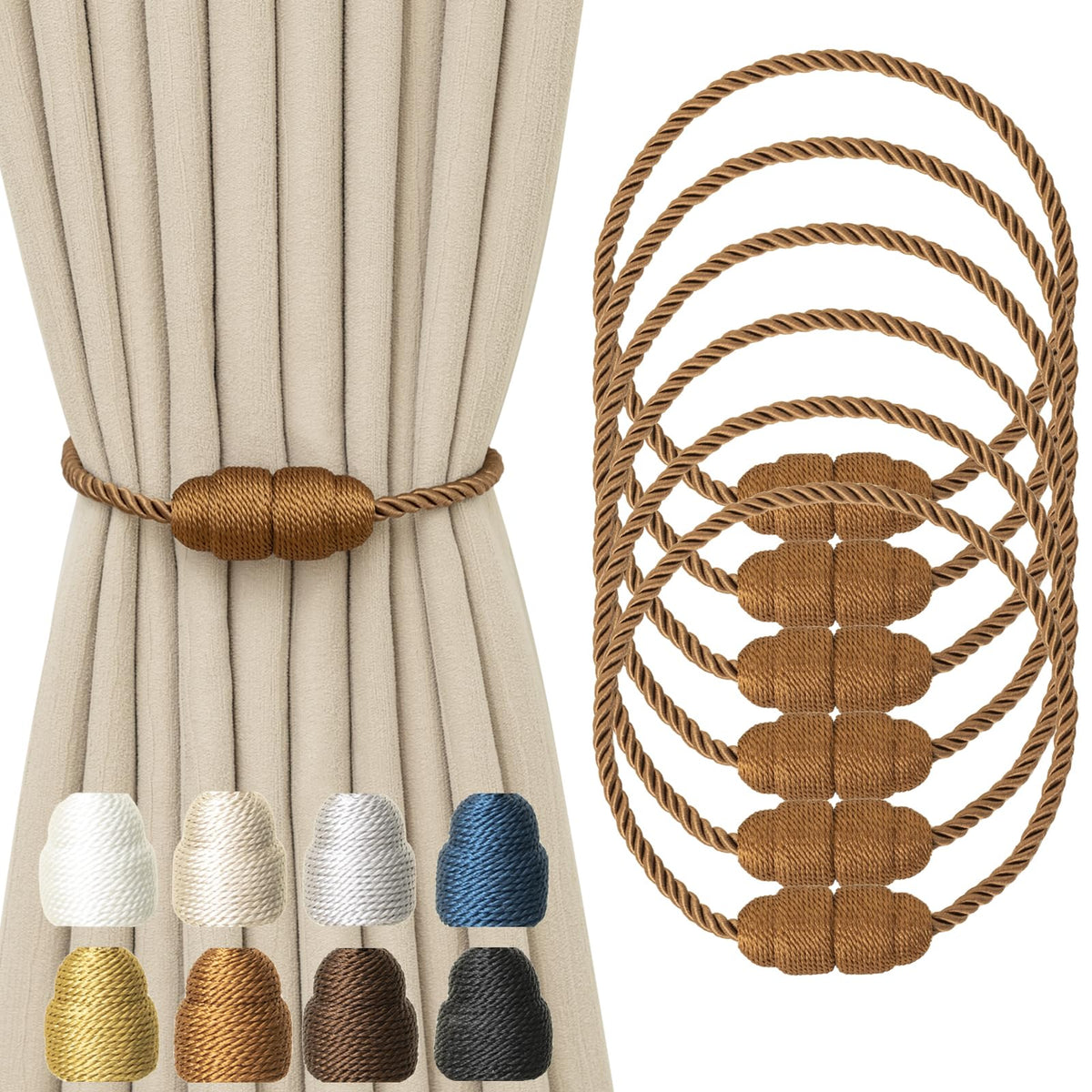 Magnetic Curtain Tiebacks Rope Curtain Tie Backs for Curtains 6 Pack Curtain Holders for Drapes Decorative Window Curtain Holdbacks, Gold