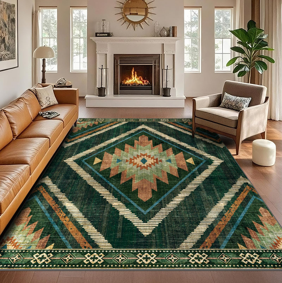 Boho Washable Rugs 5x7ft Non Slip, Low Pile Area Rug for Living Room, Brown Moroccan Bedroom Carpets, Non Shedding Soft Floor Carpet for Dining Room Bathroom Nursery Kitchen Office