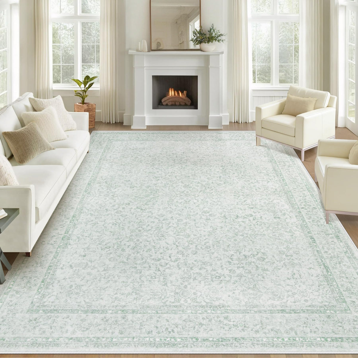 Bedroom Rug Washable Large Area Rugs Foldable Low Pile Print Non Slip Boho Patterned Rugs for Bedroom Living Room Dining Home Office (Floral Beige, 5'x7')