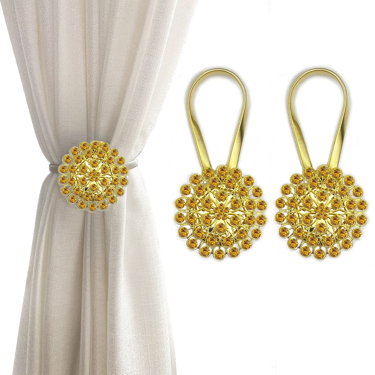 Magnetic Tiebacks for Curtains, 2 Pack Sparkling Crystal Flower Curtain Tiebacks Curtain Buckle Clips with High-Elastic Spring Wire for Home Office Decoration (White)