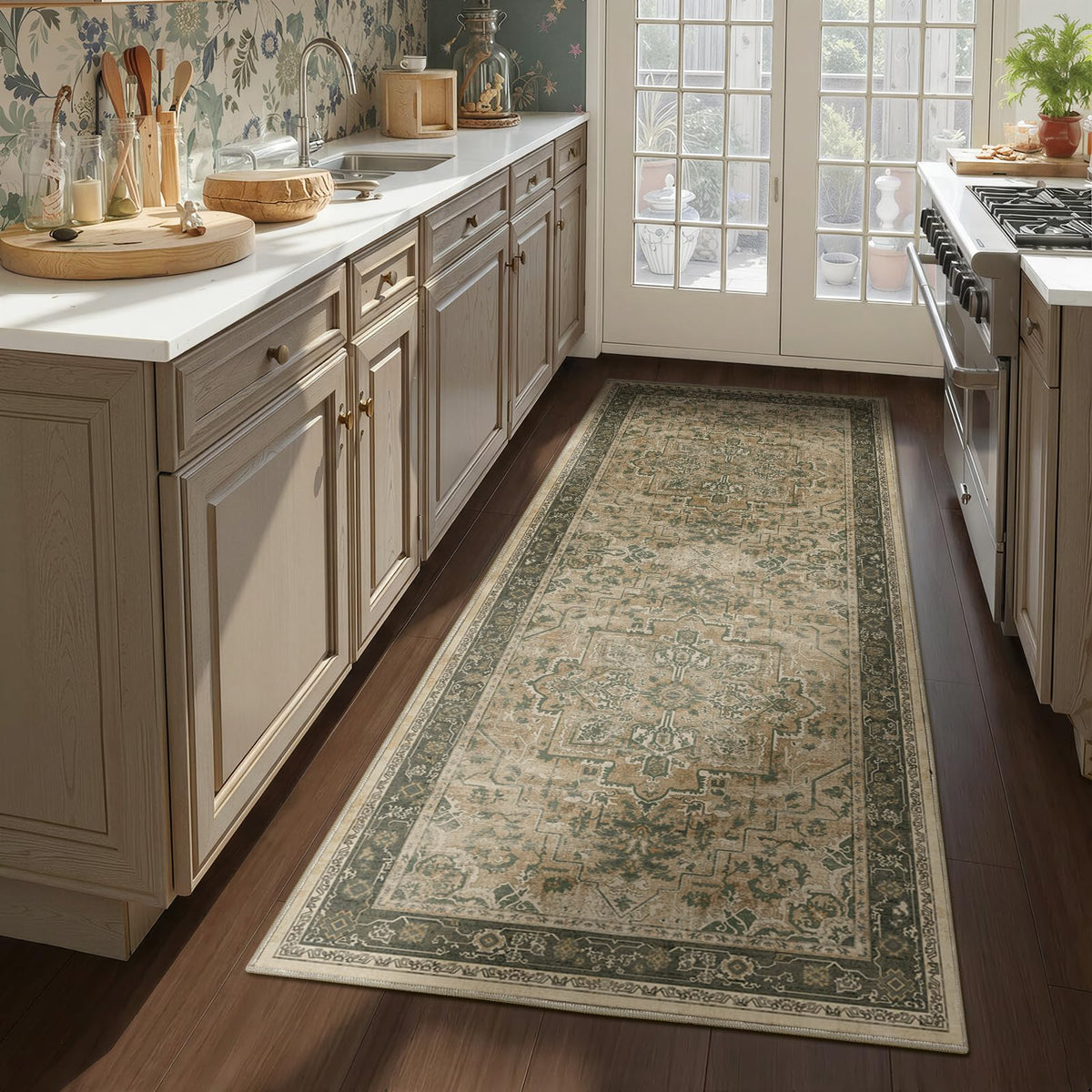 Vintage Distressed 5x7 Area Rugs for Living Room Bedroom Non Slip Washable, Medallion Pattern Printed Low Pile Thin Carpet Rugs for Dining Room/Kitchen/Home Office, Multi Brown Olive Accents