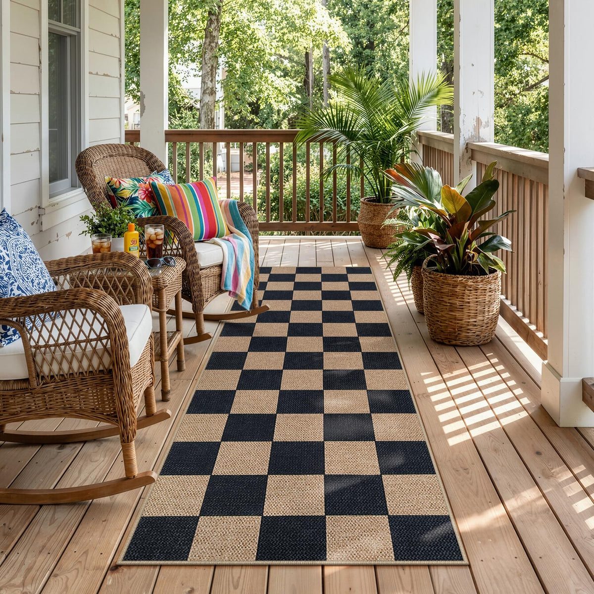 Lahome Checkered Easy Jute 5x7 Area Rugs, Washable Outdoor Patio Rug for Living Room Diamond Indoor Outdoor Carpet, Farmhouse Geometric Non Slip Black Carpet for Backyard Dining Room