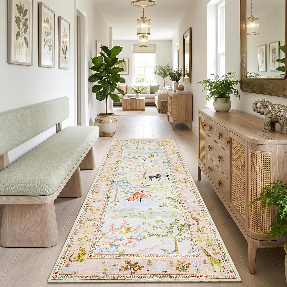 Washable Area Rug 5x7 Green Animal Print Rugs for Nursery Non Slip Stain Resistant Forest Fairy Tale Throw Carpet Low Pile Whimsical Safari Area Rugs for Entryway Girls Bedroom Dining Room, Green