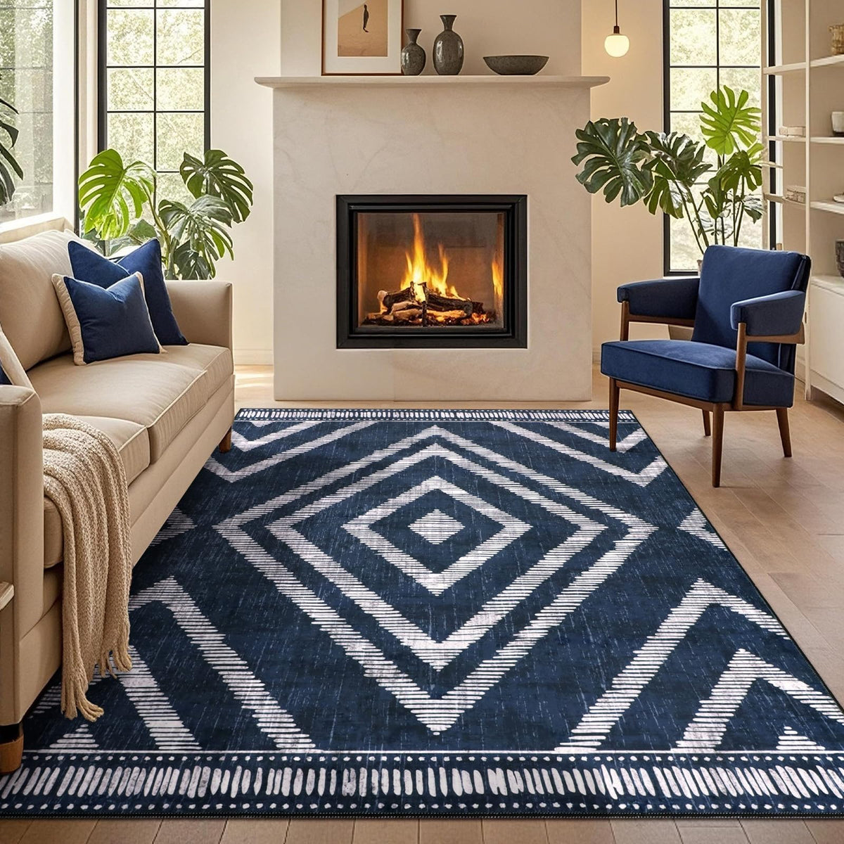 Boho Washable Rugs 5x7ft Non Slip, Low Pile Area Rug for Living Room, Brown Moroccan Bedroom Carpets, Non Shedding Soft Floor Carpet for Dining Room Bathroom Nursery Kitchen Office