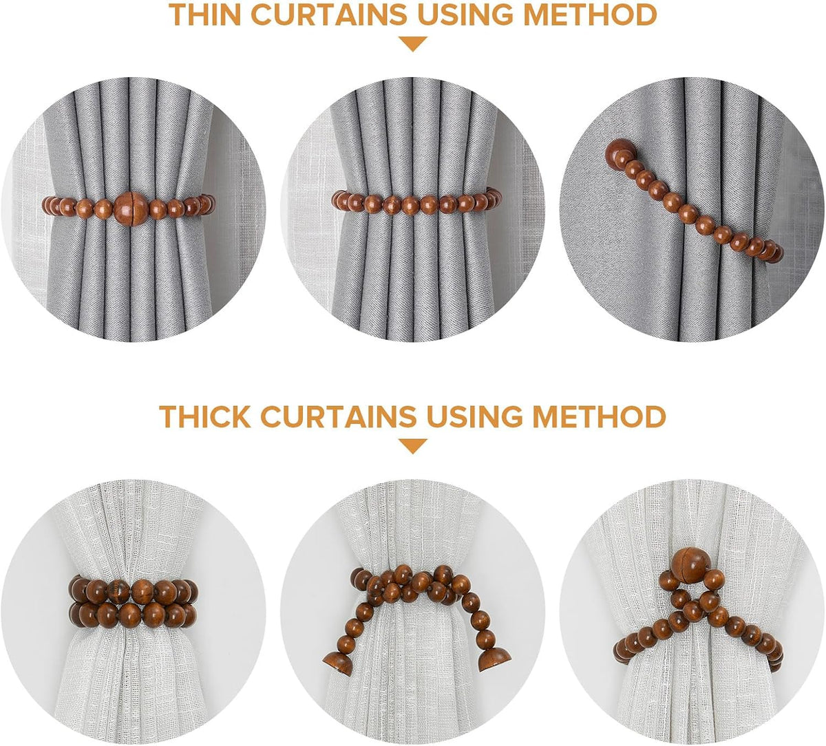NICEEC 2 Pack Wood Bead Curtain Tiebacks Boho Farmhouse Decor Drape Tie Backs Strong Magnetic Natural Wooden Beaded Curtain Holdbacks for Home & Office Outdoor Window Draperies (Coffee)
