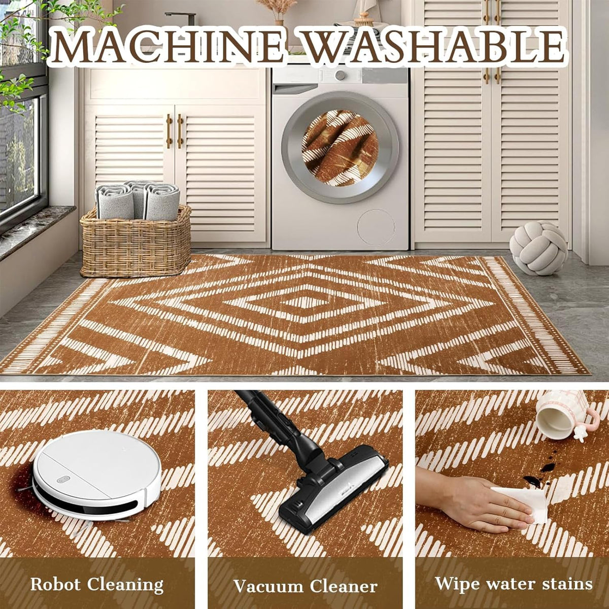 Boho Washable Rugs 5x7ft Non Slip, Low Pile Area Rug for Living Room, Brown Moroccan Bedroom Carpets, Non Shedding Soft Floor Carpet for Dining Room Bathroom Nursery Kitchen Office