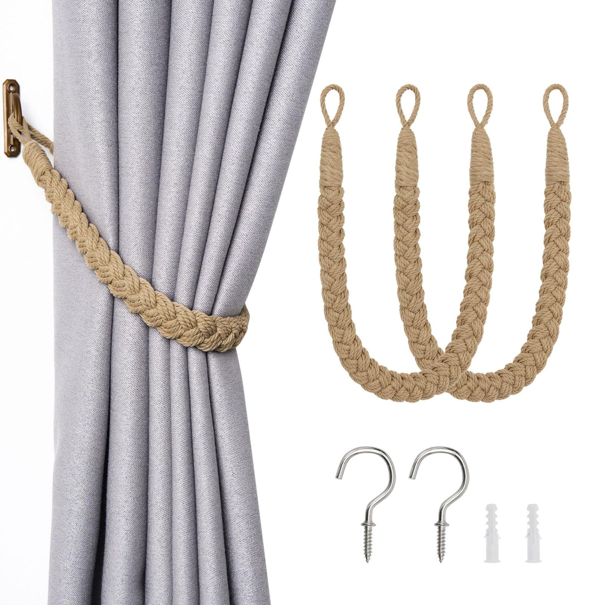 NICEEC 2 Pack Natural Cotton Rope Curtain Tiebacks Elegant Boho Style Decorative Drape Tie Backs Soft Hand-Woven Rope Curtain Holdbacks with Metal Hook for Home & Office Drapery (Coffee)