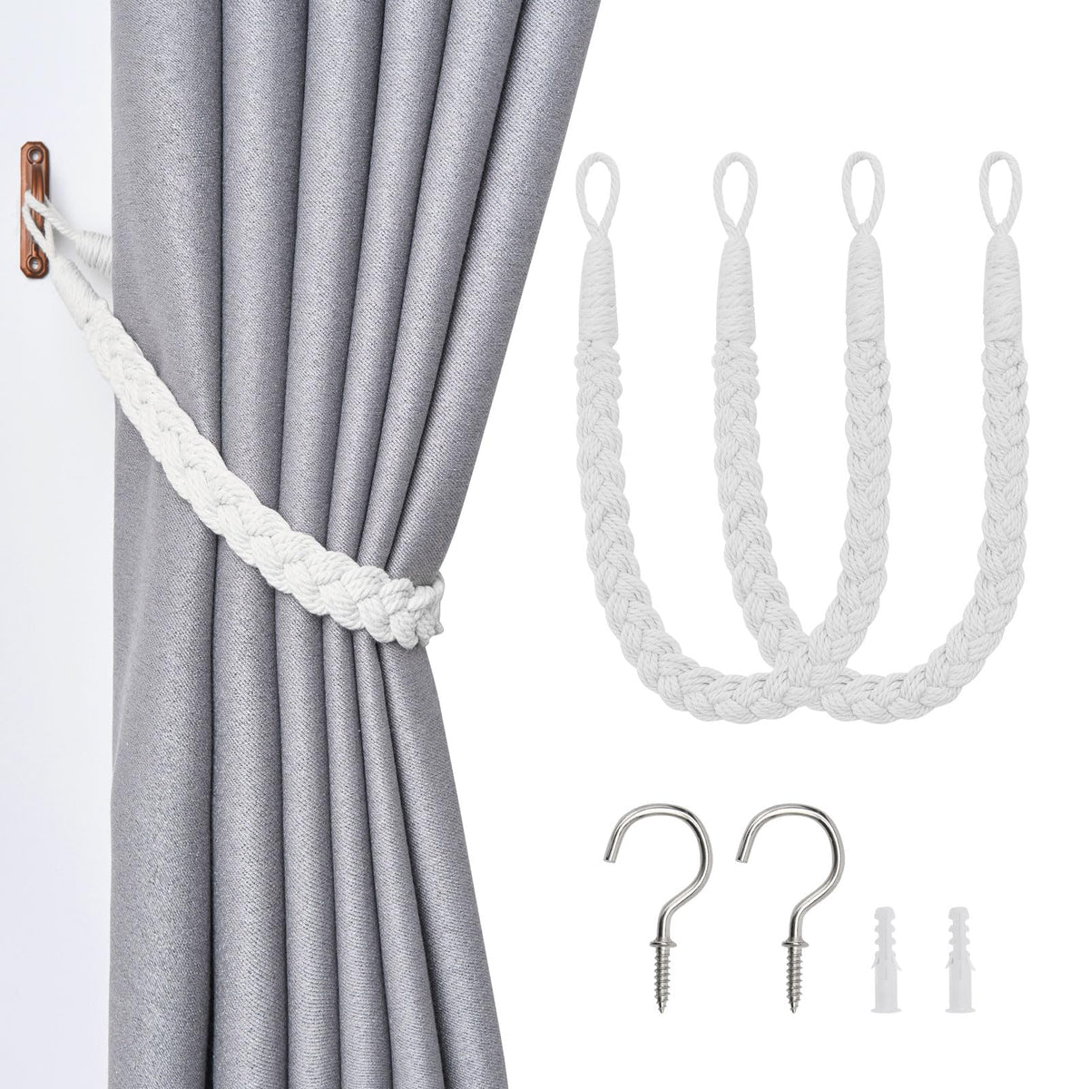 NICEEC 2 Pack Natural Cotton Rope Curtain Tiebacks Elegant Boho Style Decorative Drape Tie Backs Soft Hand-Woven Rope Curtain Holdbacks with Metal Hook for Home & Office Drapery (Coffee)