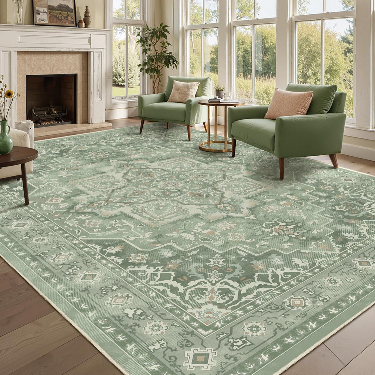 Vintage Distressed 5x7 Area Rugs for Living Room Bedroom Non Slip Washable, Medallion Pattern Printed Low Pile Thin Carpet Rugs for Dining Room/Kitchen/Home Office, Multi Brown Olive Accents