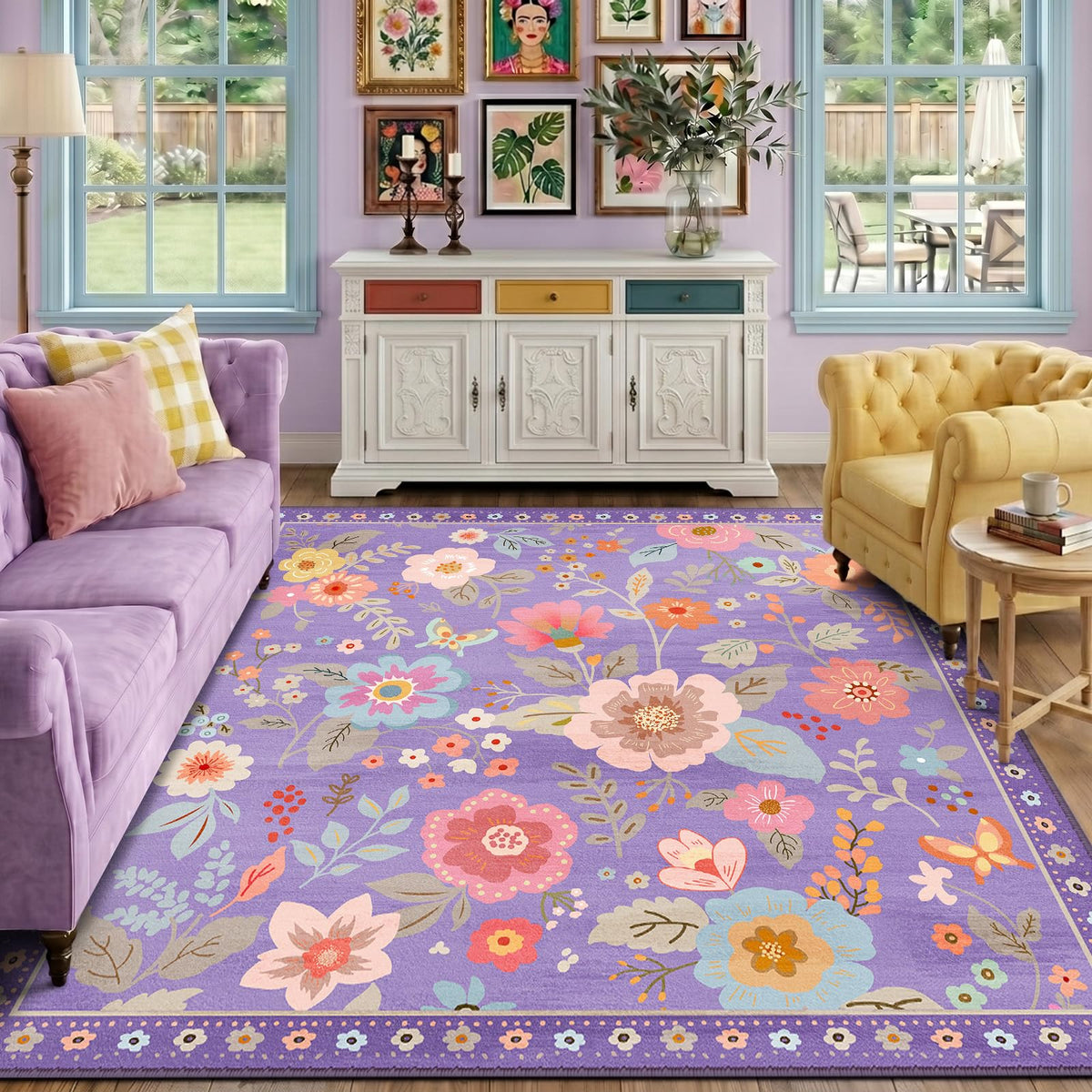 RELEANY Floral Washable 5x7 Area Rugs Black