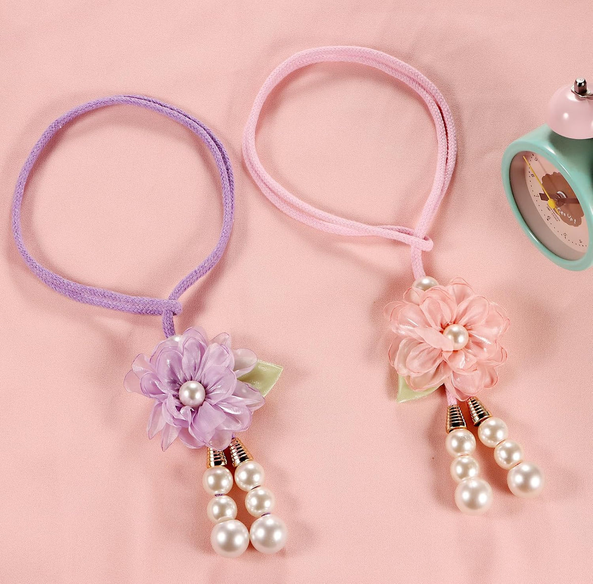 Adjustable Curtain Tiebacks， 4-Pack Hand-Woven Rope with Silk Flower & Pearl， Decorative Window Cord Holders for Drapery， Long Loop Design for All Curtain Thickness (Purple)