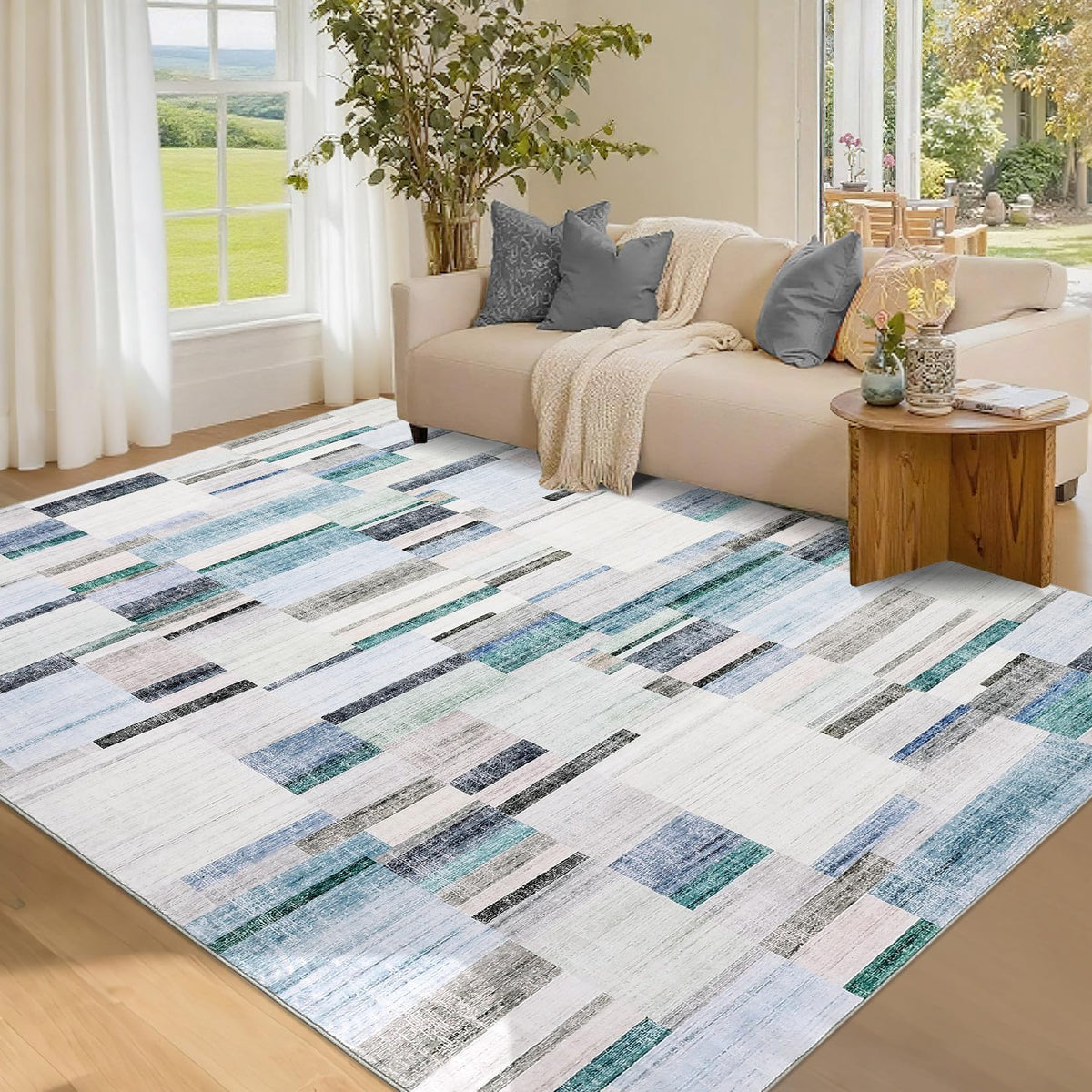 GarveeHome Large Living Room Rugs 8x10 Area Rugs Machine Washable Modern Geometric Neutral Rug Non Slip Low Pile Farmhouse Stain Resistant Carpet for Bedroom Nursery Classroom Dorm 8 ft x10 ft Multi