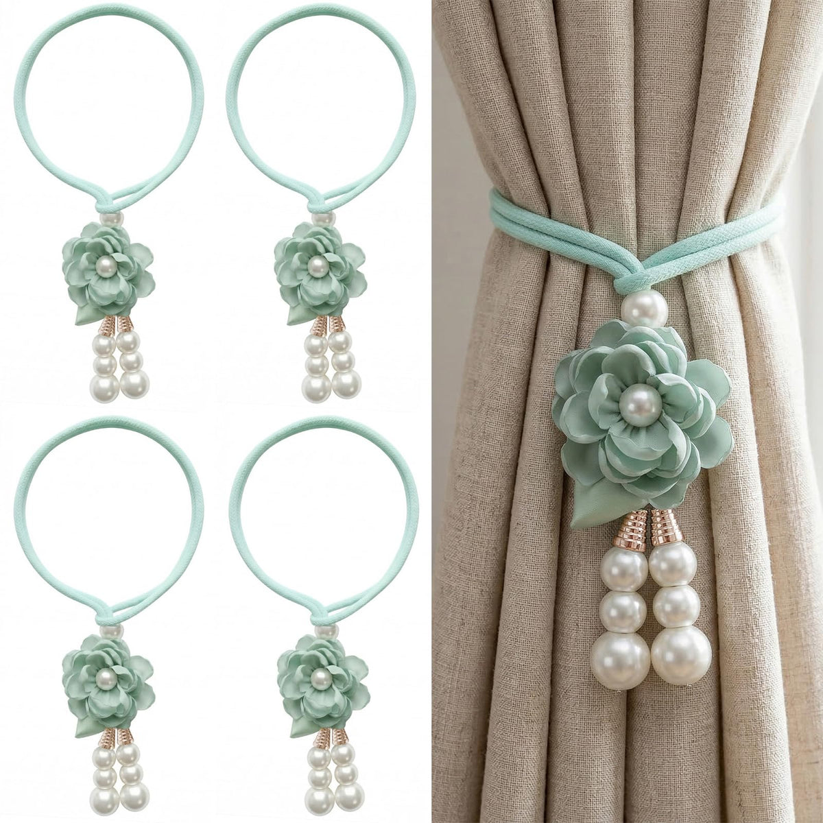 Adjustable Curtain Tiebacks， 4-Pack Hand-Woven Rope with Silk Flower & Pearl， Decorative Window Cord Holders for Drapery， Long Loop Design for All Curtain Thickness (Purple)